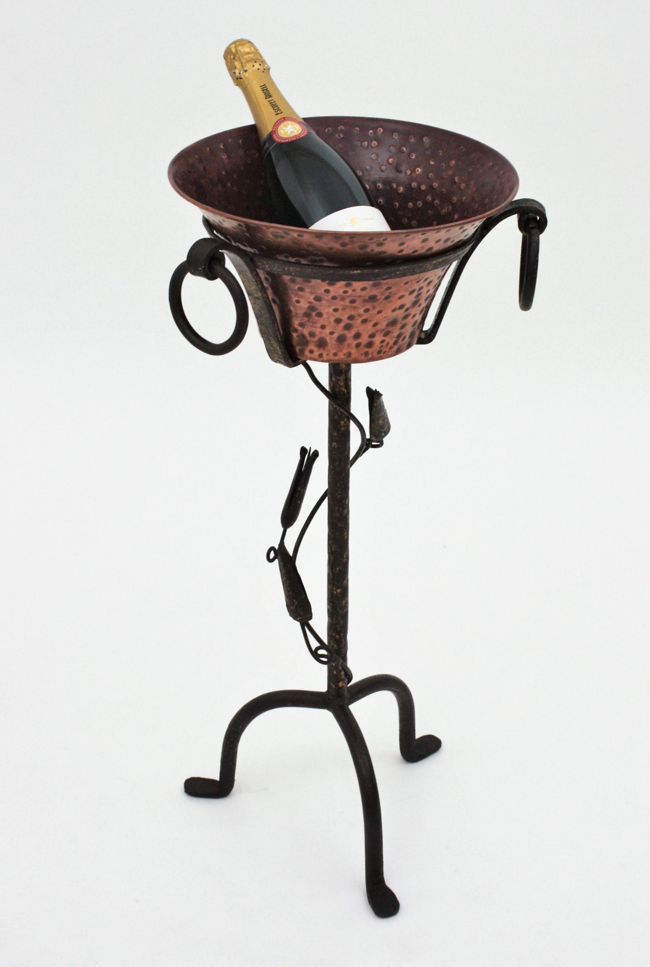 Wrought Iron Champagne or Wine Cooler Stand Serving Bucket in Hand Forged Iron and Copper