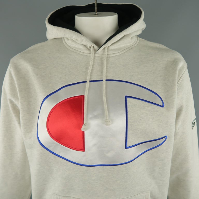 CHAMPION for SUPREME Size L Light Grey Heather Cotton Hooded Sweatshirt For Sale at 1stDibs
