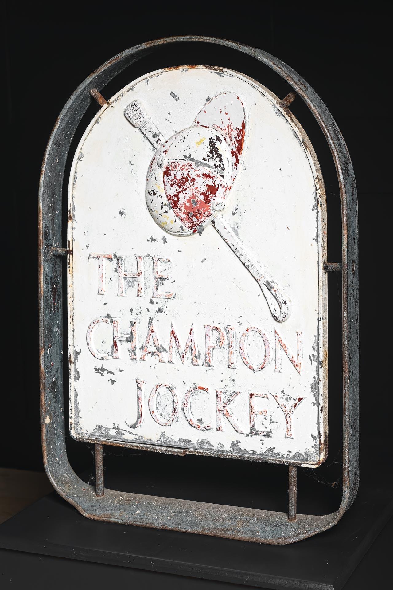 Sporting Art Champion Jockey, Cast iron hand painted pub or bar sign For Sale