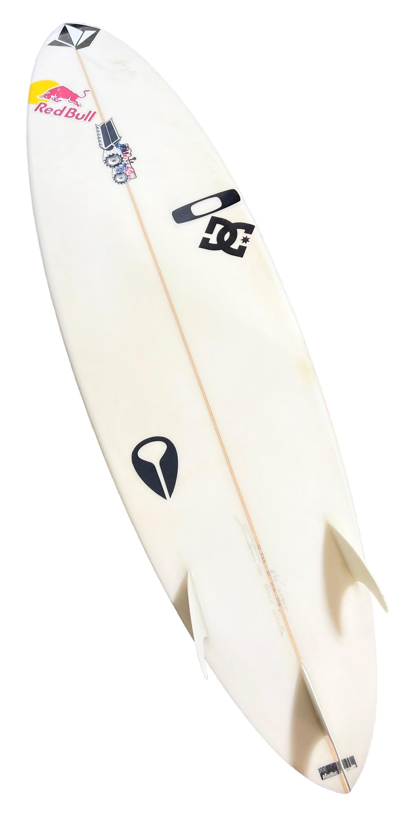 Champion surfer Bruce Iron’s personal surfboard made by JS Industries. Features Bruce’s signature star symbol artwork design with airbrushed color fade. Famous for his unbelievably high aerial maneuvers and top level barrel riding abilities. Bruce