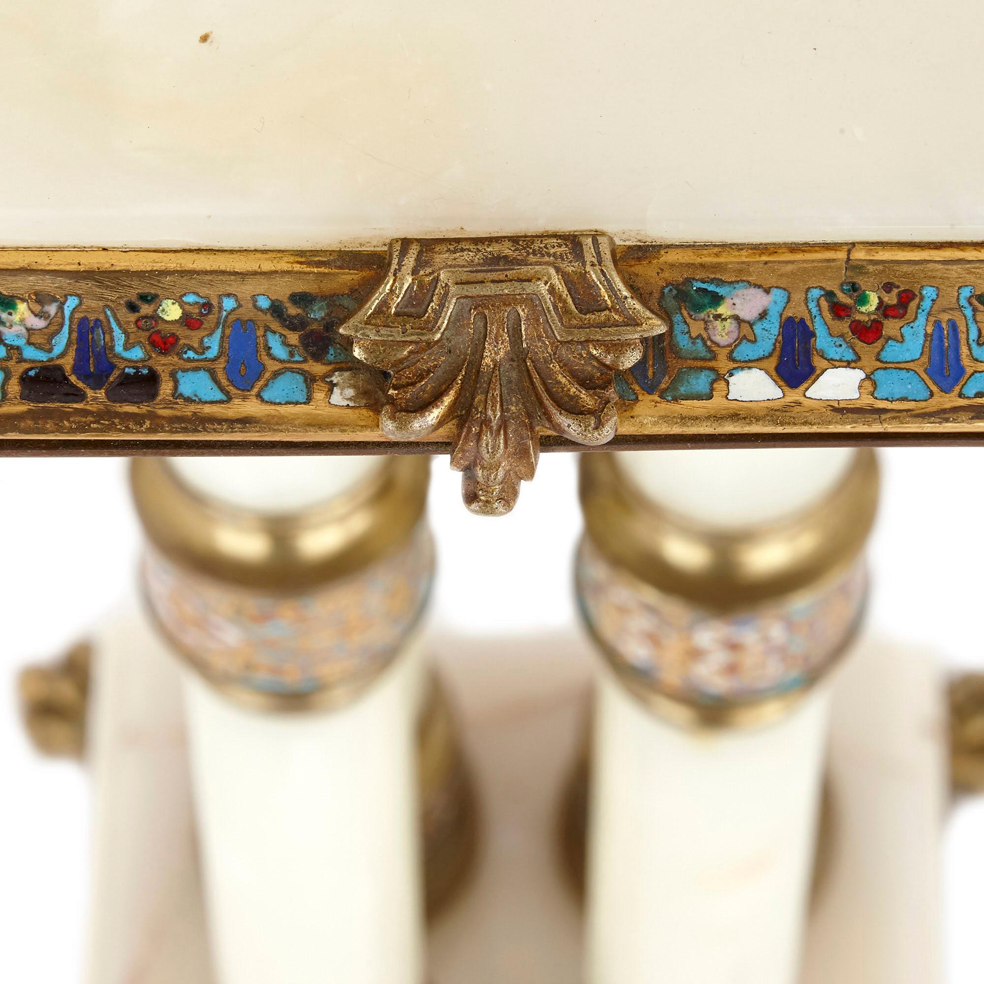 Neoclassical Champlevé and Cloisonné Enamel Mounted White Onyx and Gilt Bronze Table For Sale