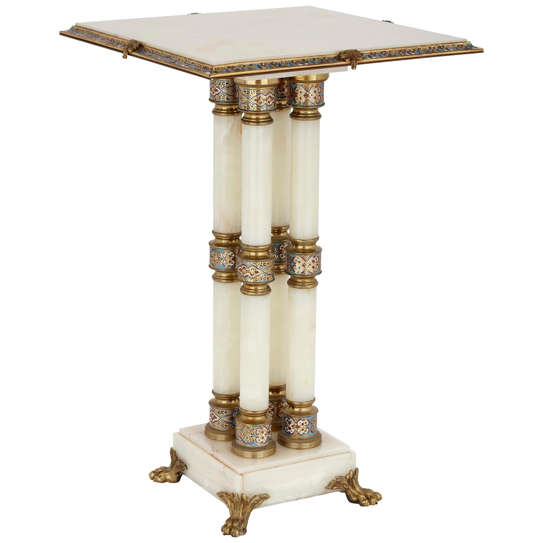 Champlevé and Cloisonné Enamel Mounted White Onyx and Gilt Bronze Table