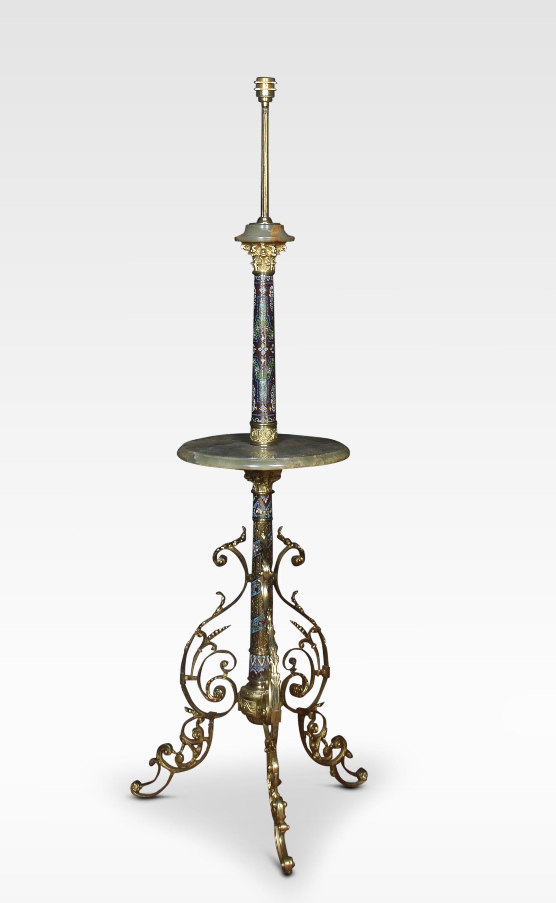 Brass Champleve and Green Onyx Standard Lamp