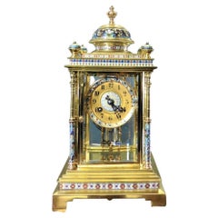 Champleve Decorated French Four Glass Mantel Clock