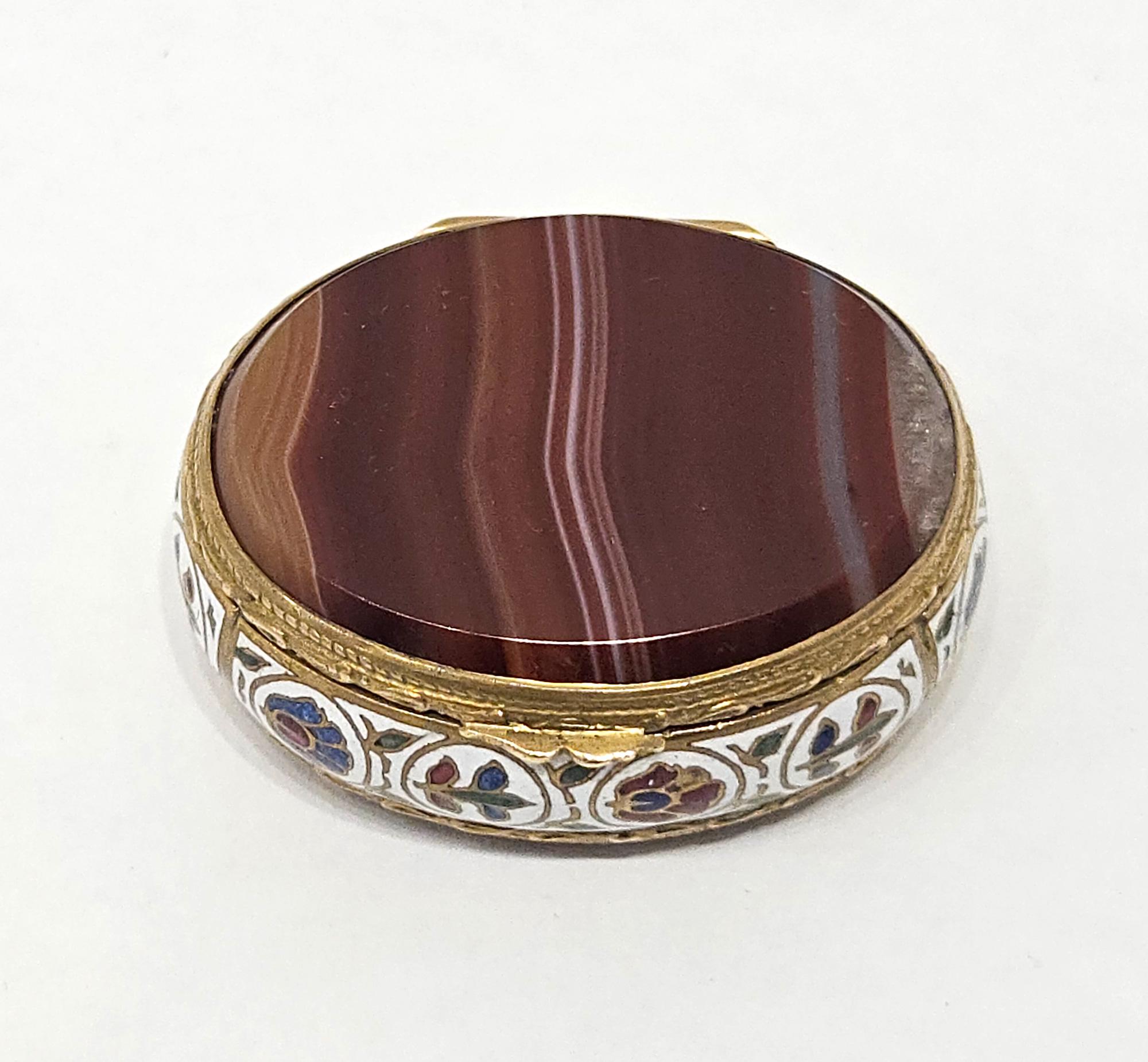 Victorian Champlevé Enamel & Agate Pill Box / Snuff Box, France c. 1880 For Sale
