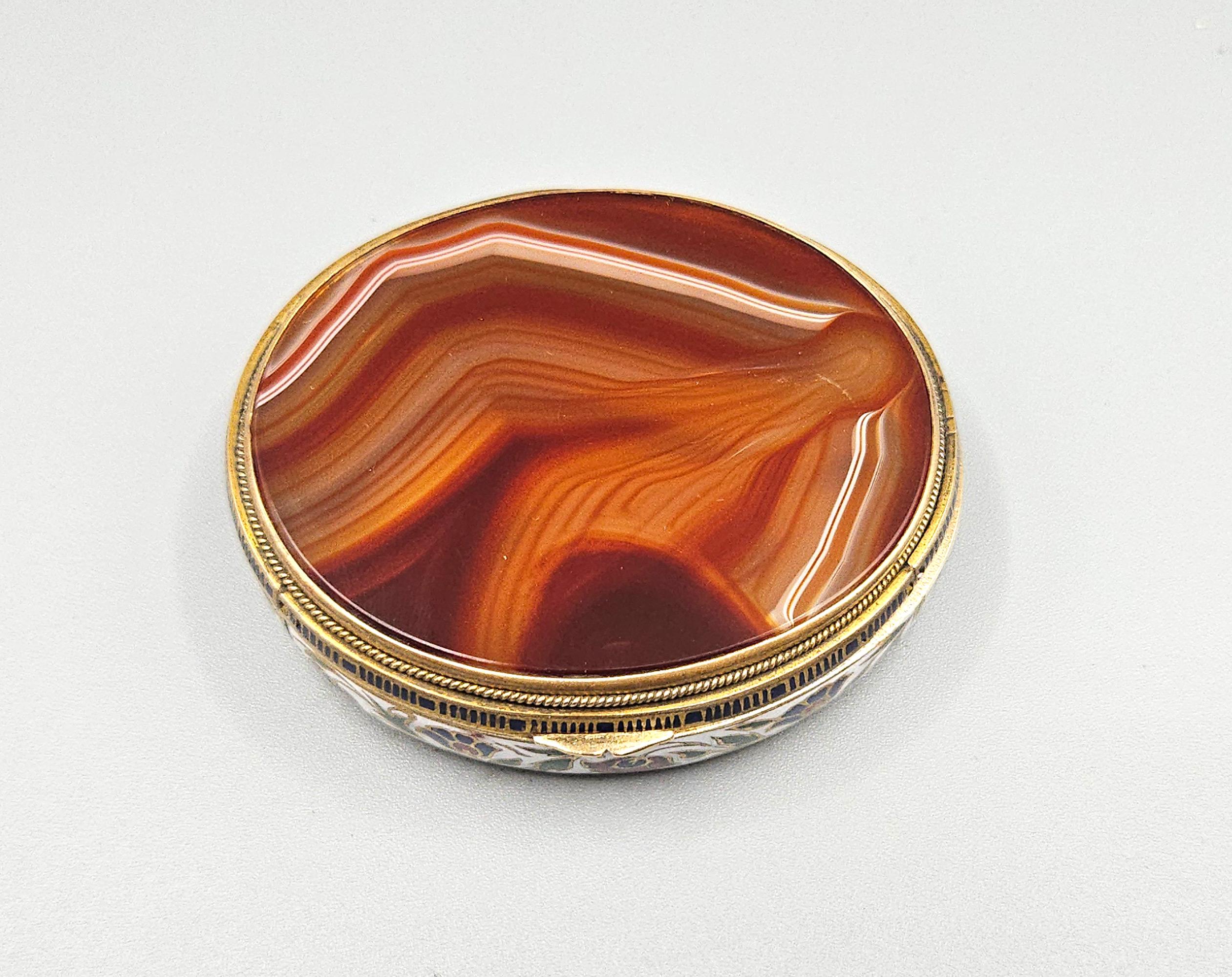 French Champlevé Enamel & Double Sided Agate Snuff Box / Bonbonnière, France c. 1880 For Sale