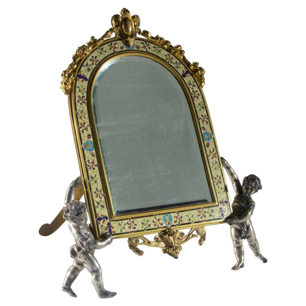 Champlevé Enamel and Gilt Bronze Vanity Mirror Held by Cherubs