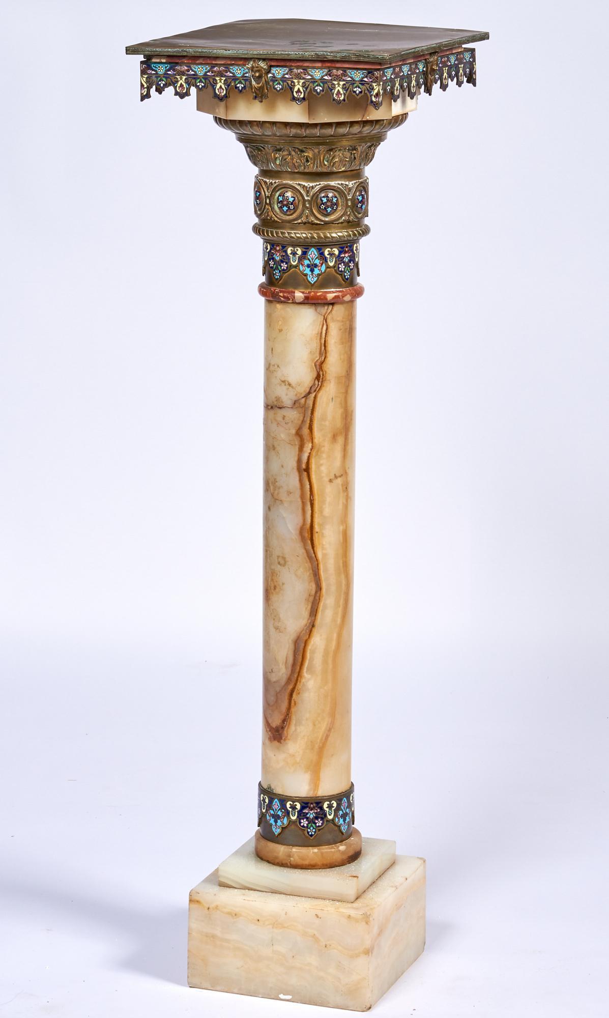 French 19th century Louis XVI style champleve enamel and onyx pedestal.