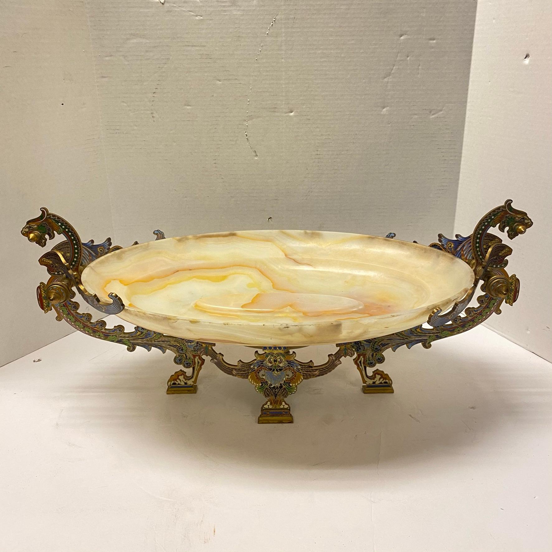 Very fine quality French 19 century large Champleve enamel bronze mounted onyx centerpiece bowl.
