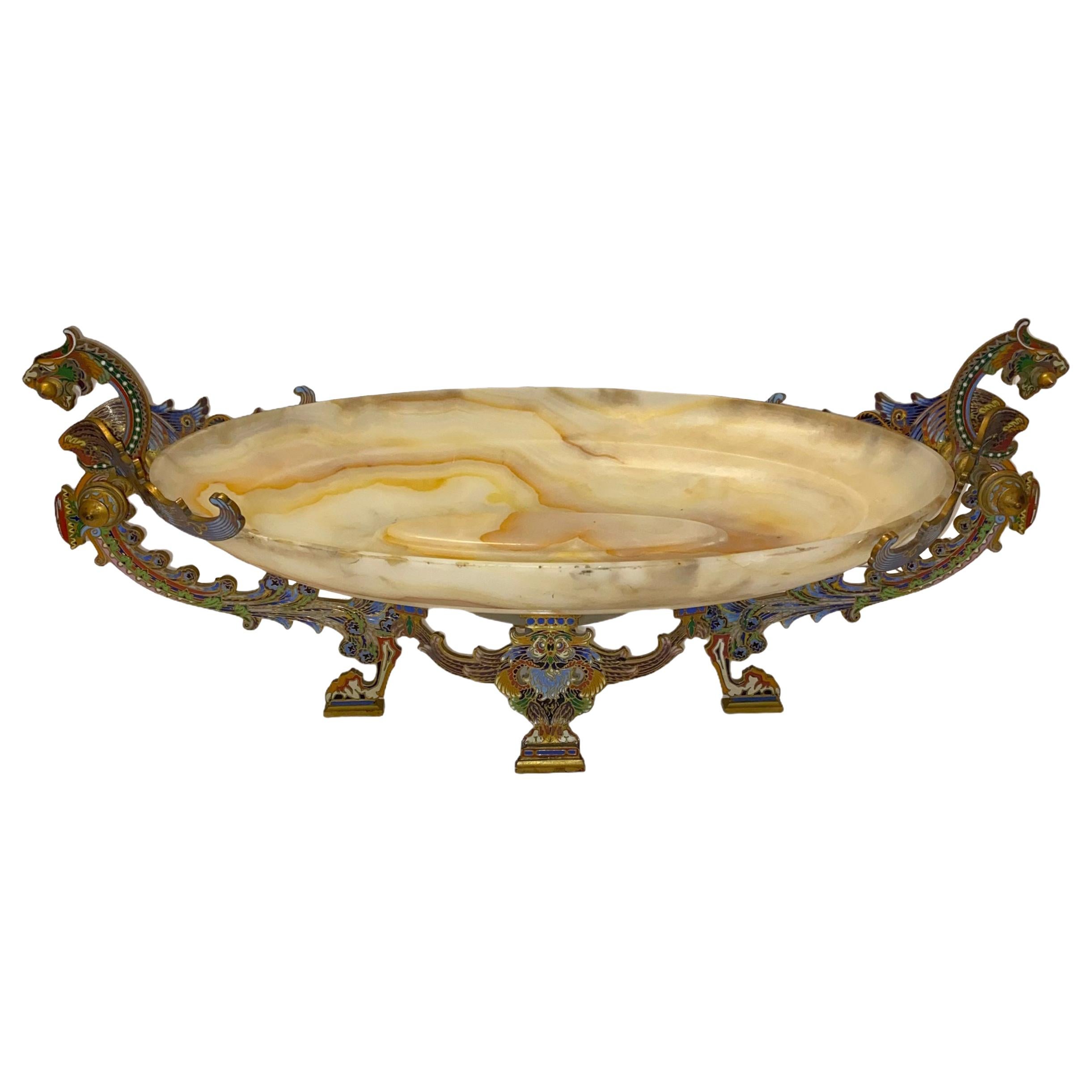 Champleve Enamel Bronze Mounted Onyx Centerpiece Bowl