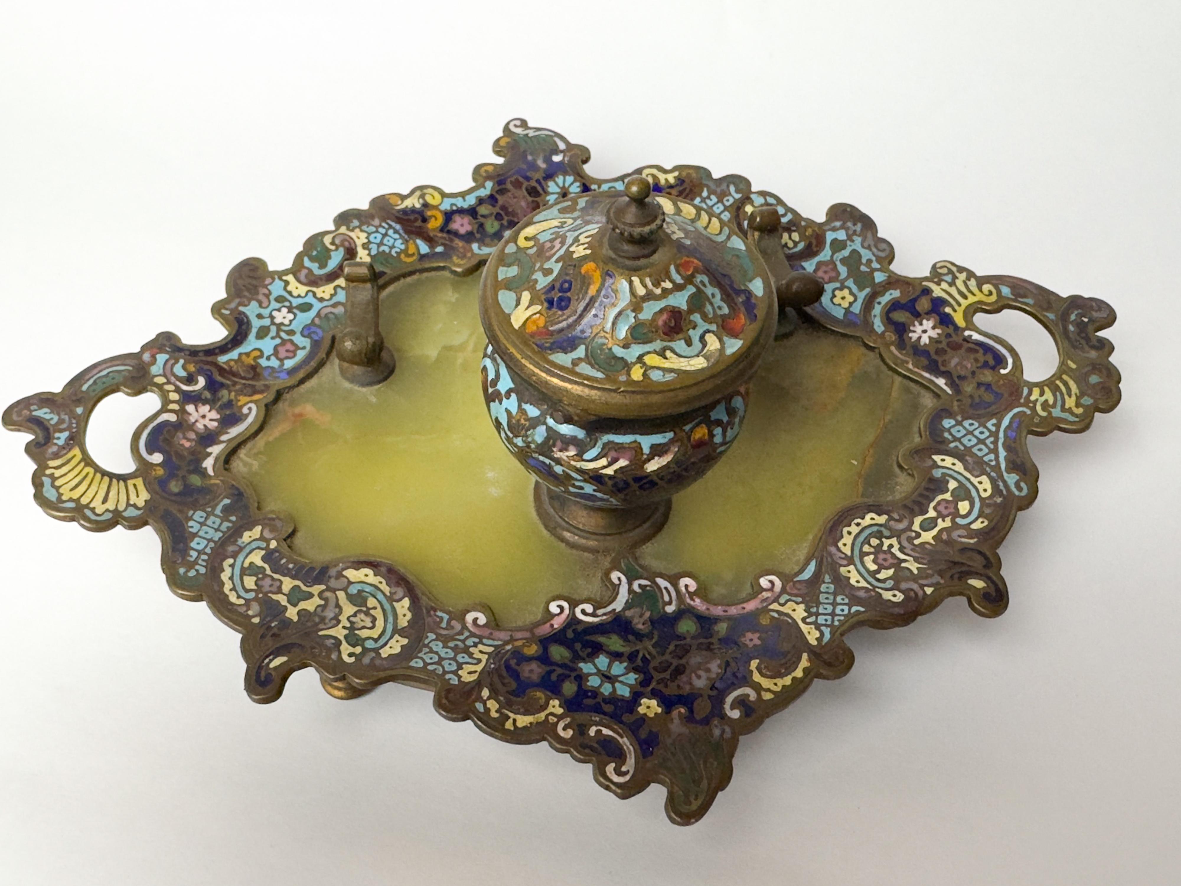 Champlevé Enamel Inkwell on Tray, Napoleon III, 19th Century, France For Sale 4