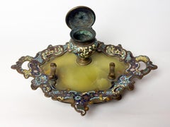 Champlevé Enamel Inkwell on Tray, Napoleon III, 19th Century, France