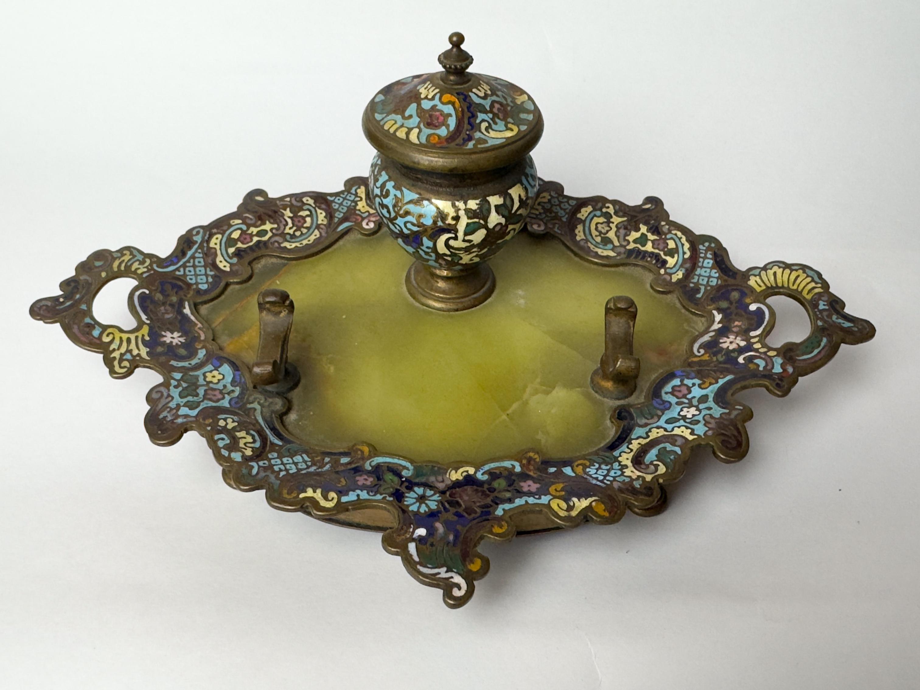 French Champlevé Enamel Inkwell on Tray, Napoleon III, 19th Century, France For Sale