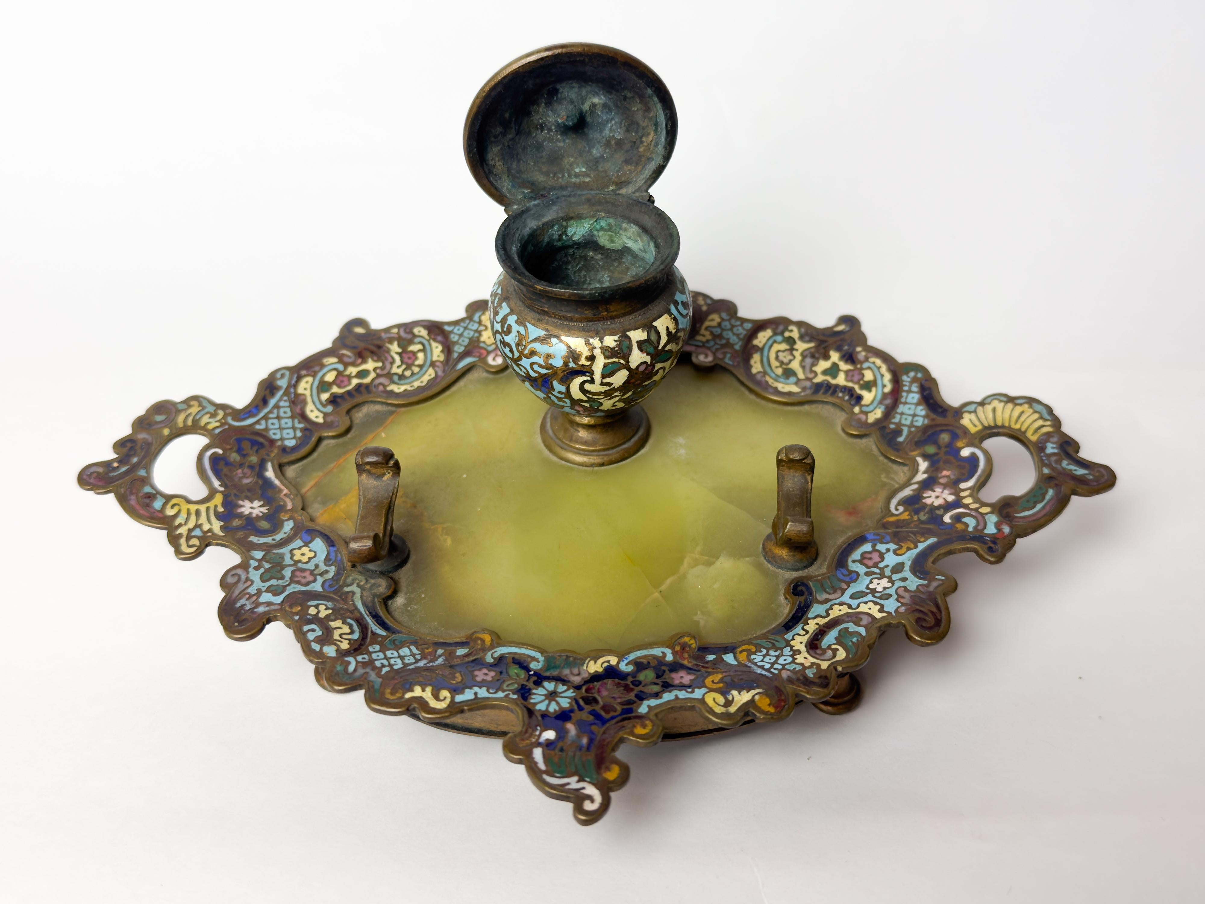 Enameled Champlevé Enamel Inkwell on Tray, Napoleon III, 19th Century, France For Sale