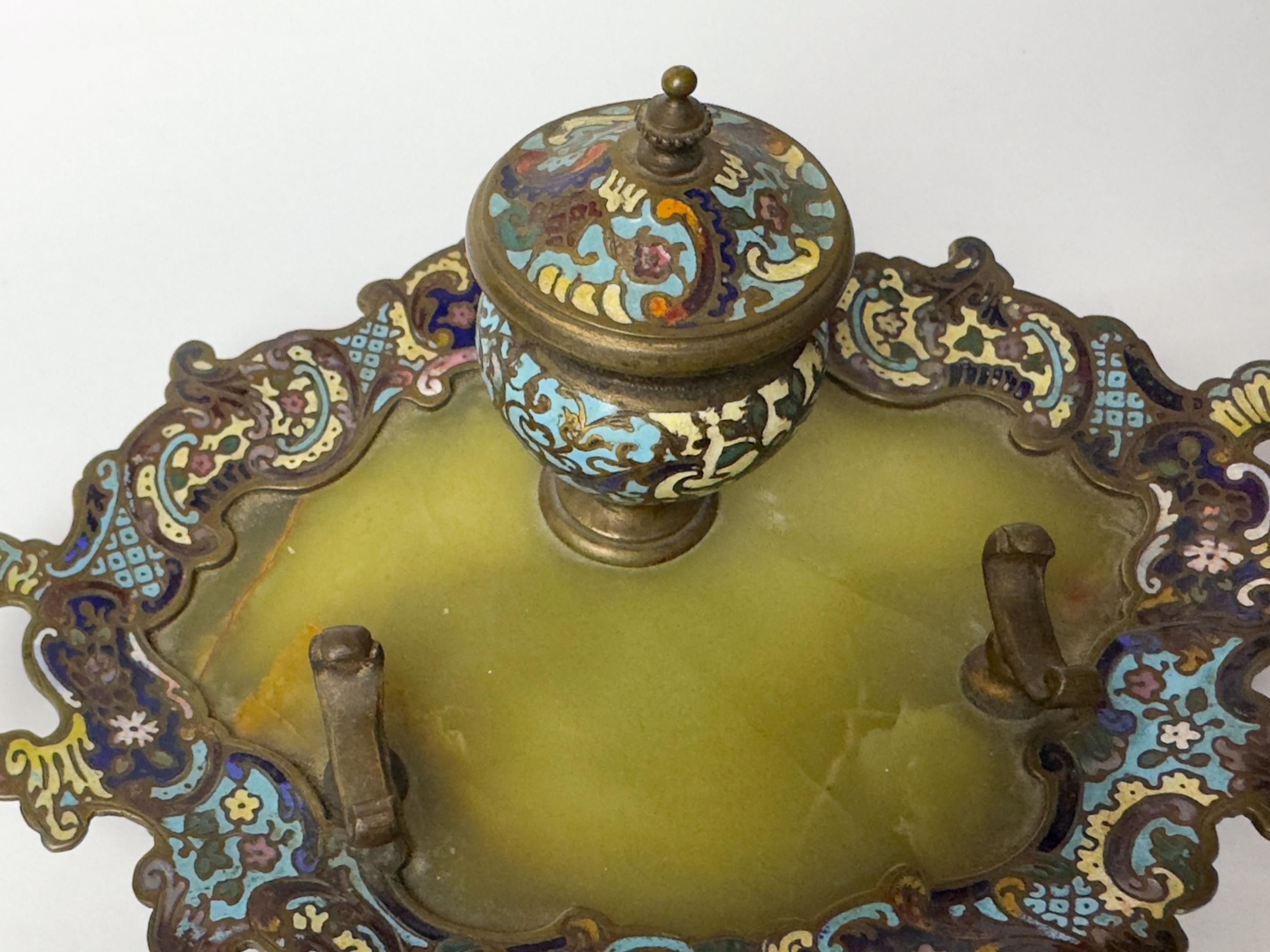 Bronze Champlevé Enamel Inkwell on Tray, Napoleon III, 19th Century, France For Sale