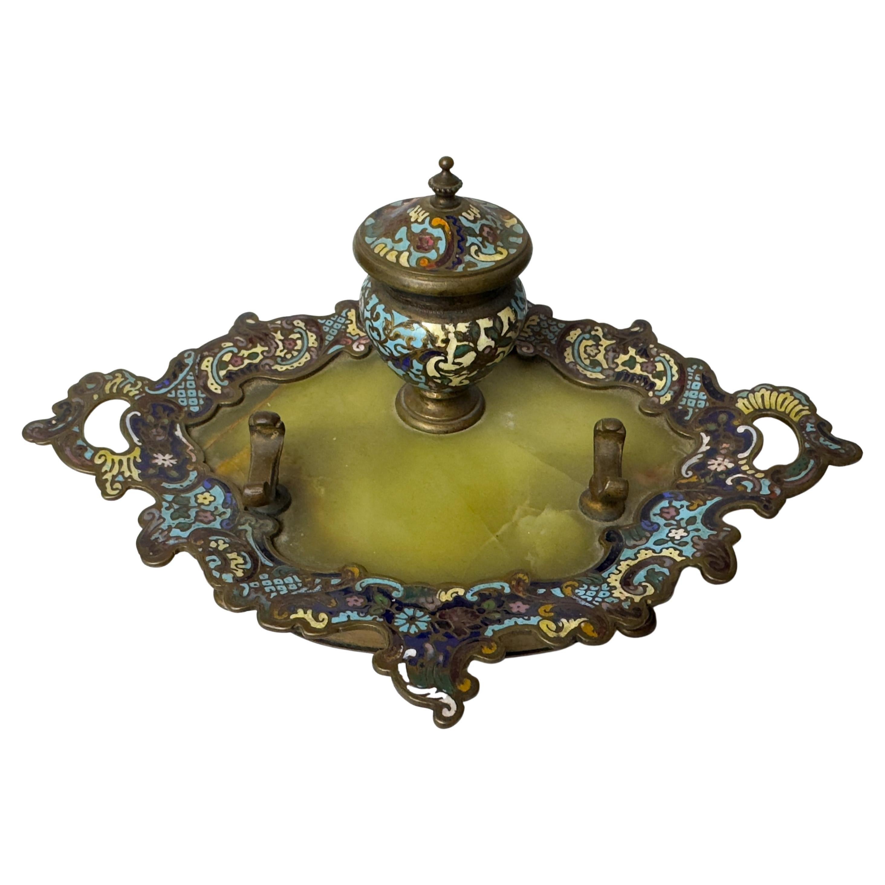 Calamaio in smalto champlevé su vassoio, Napoleone III, XIX secolo, Francia
