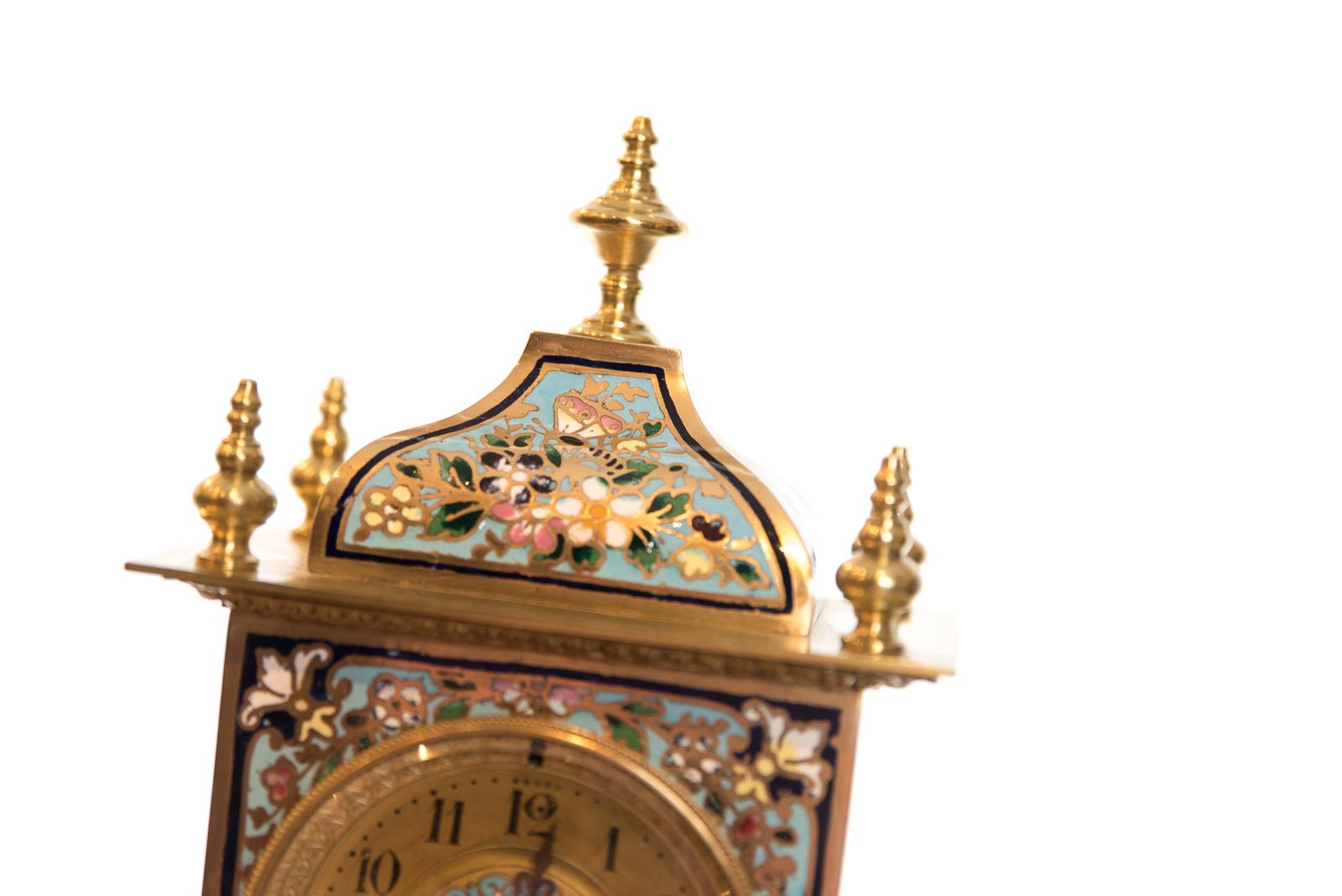 French Champlevé Enamel Mantle Clock Made in Paris, France, circa 1875 For Sale