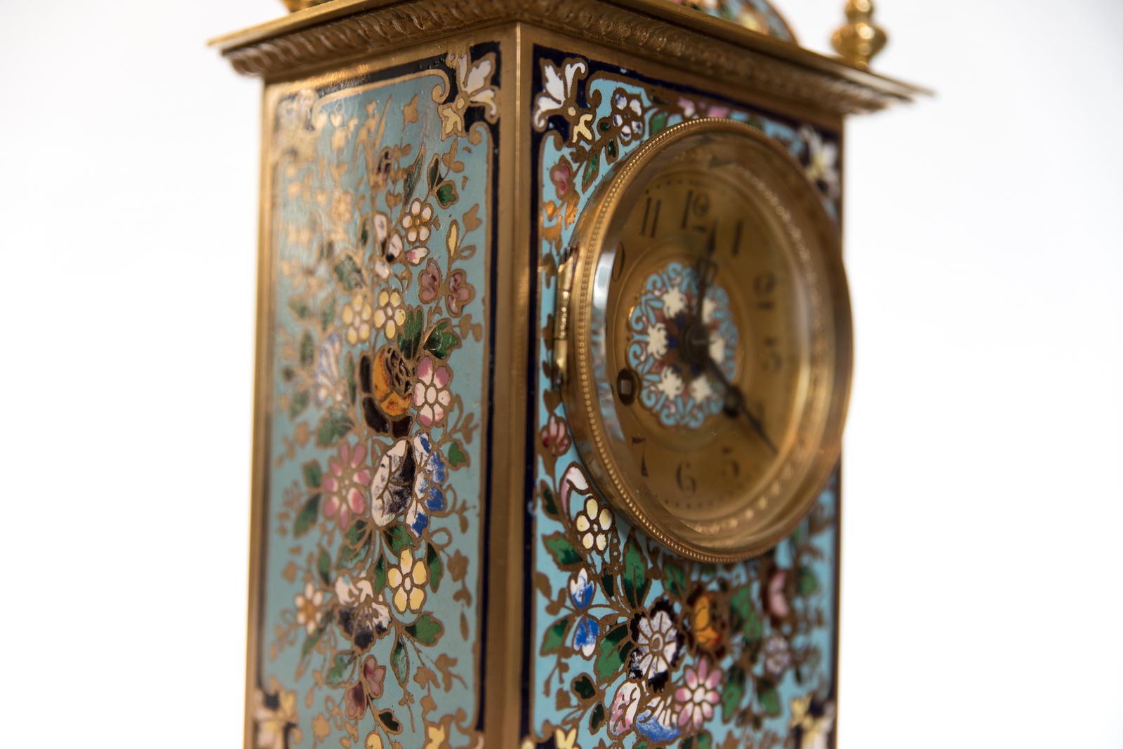 Brass Champlevé Enamel Mantle Clock Made in Paris, France, circa 1875 For Sale