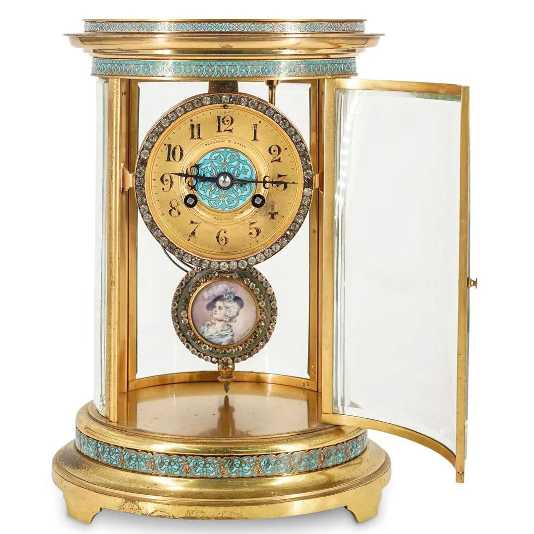 Belle Époque Champleve Enameled and Jeweled Brass Mantel Clock by Japy Freres For Sale