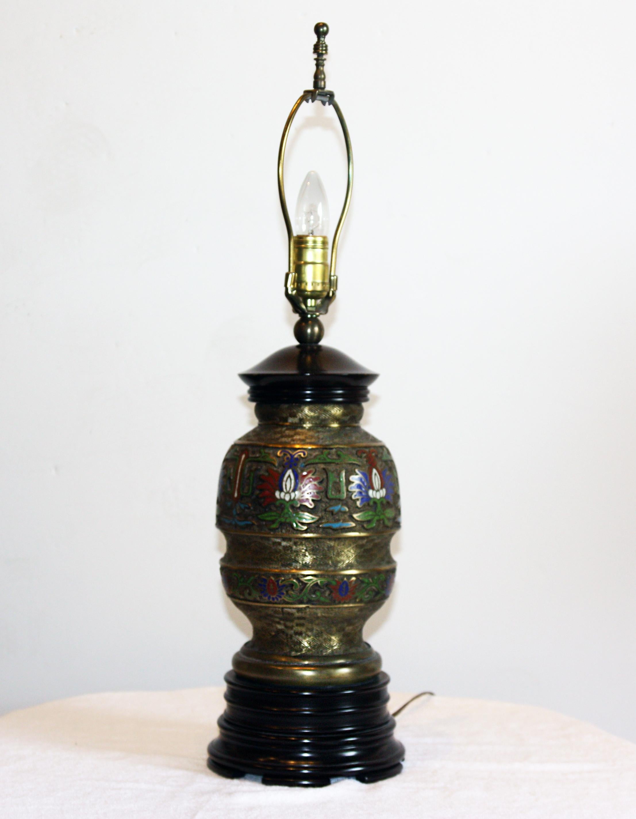 Chinese Export Champleve Lamp with Shantung Silk Shade and Velvet Trim For Sale