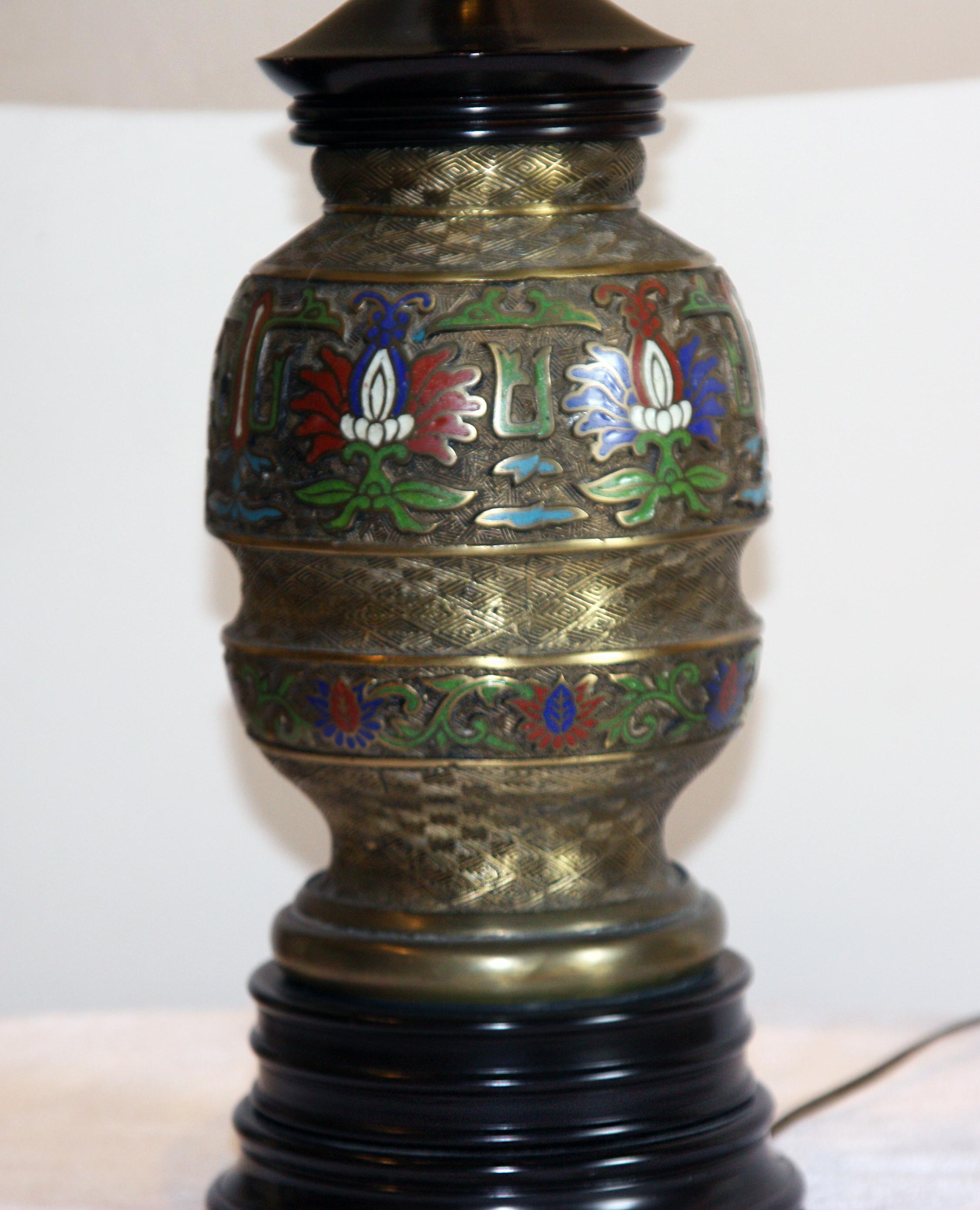 Chinese Champleve Lamp with Shantung Silk Shade and Velvet Trim For Sale