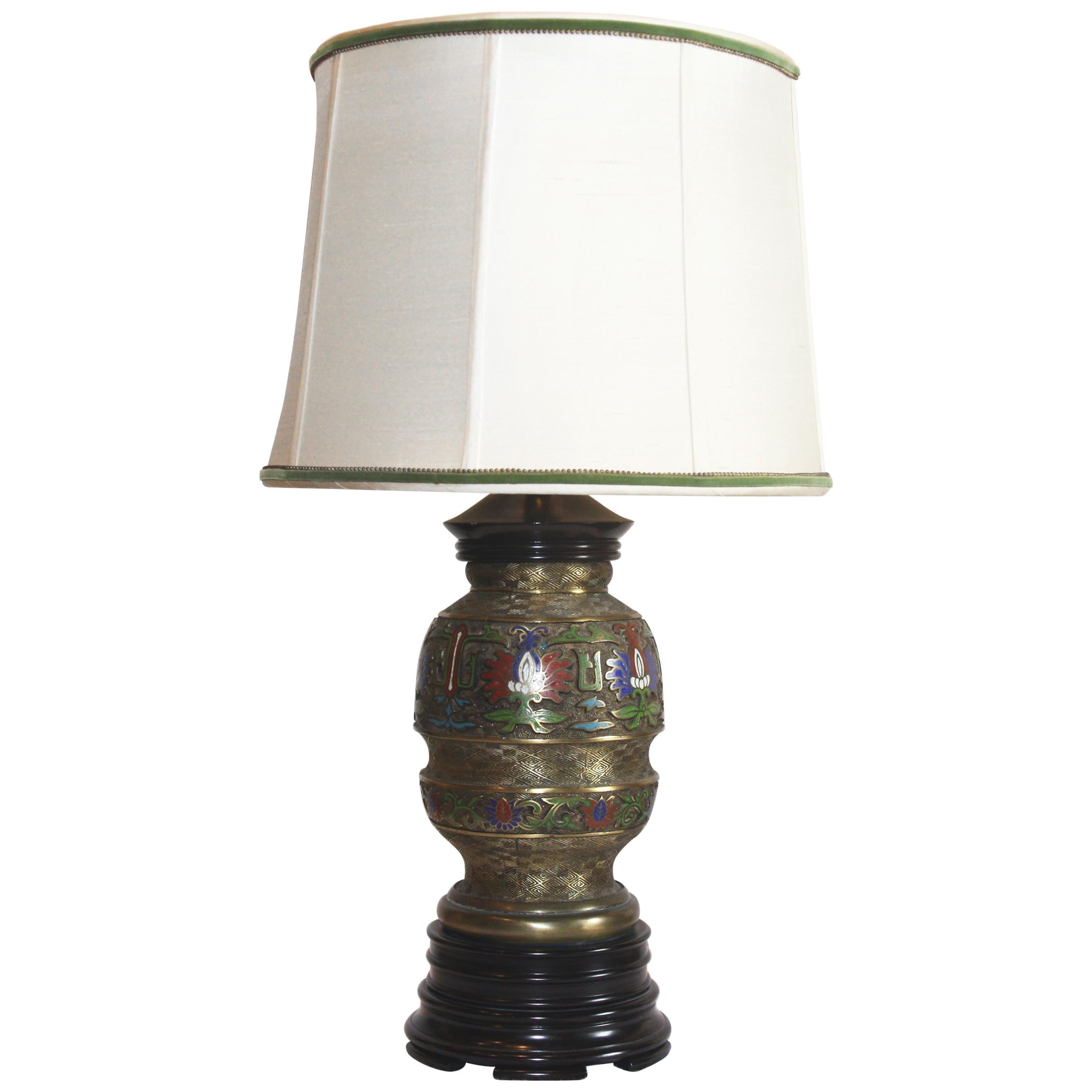 Champleve Lamp with Shantung Silk Shade and Velvet Trim For Sale
