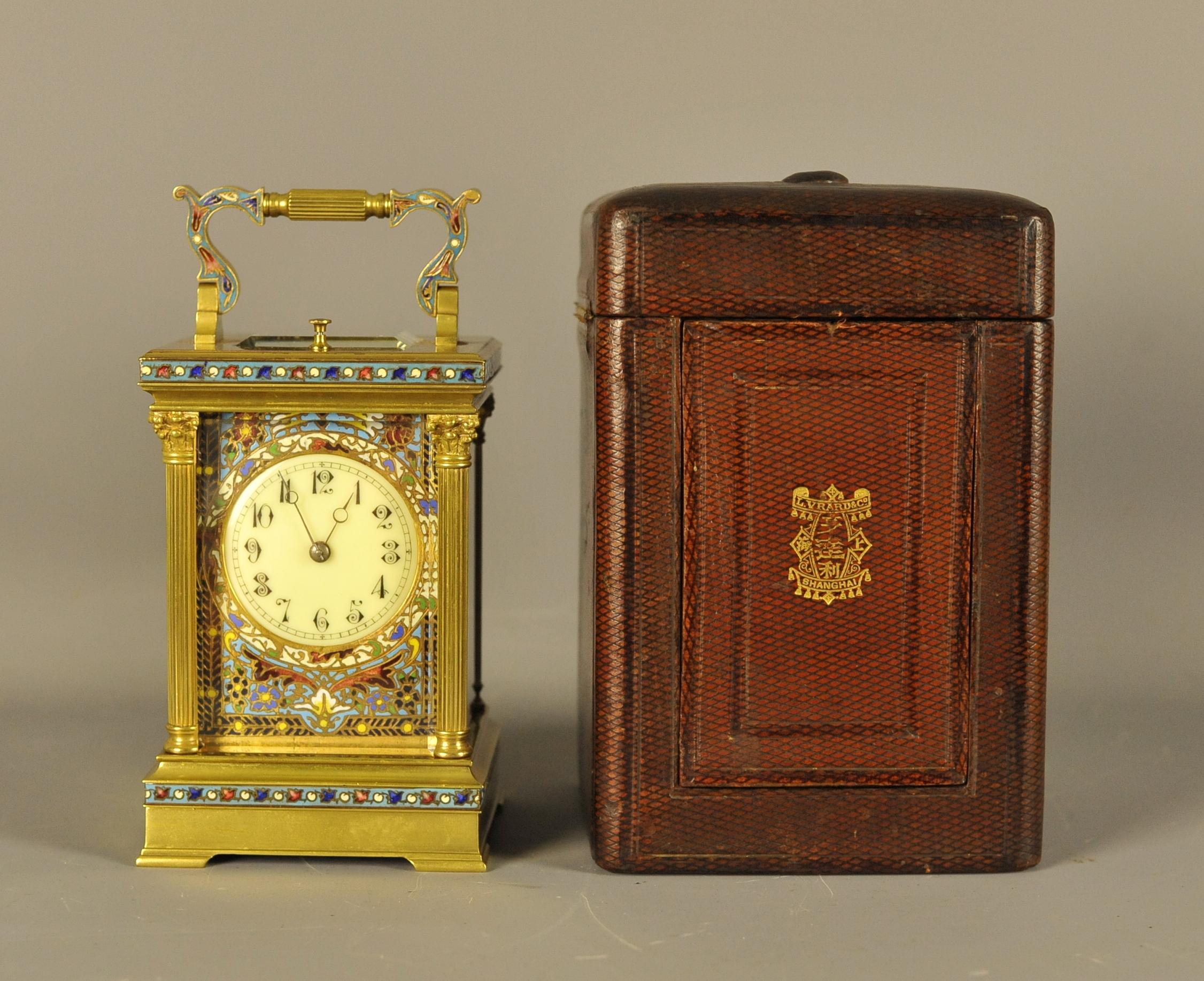 This is a beautiful and rare Champleve enamel carriage clock of French manufacture dating from the turn of the 19th-20th century is unsigned although the movement is of the finest quality.
The clock has a running duration of 8 days and retains its