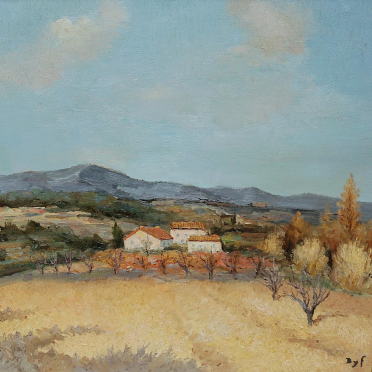 'Champs de Ble' an Oil on Canvas landscape by Marcel Dyf (1899-1985) depicting a farmstead surrounded by wheat fields and clusters of trees with Rolling hills in the background. Signed 'Dyf' to lower right. 

Dimensions: Picture H 58.5cm W 72cm