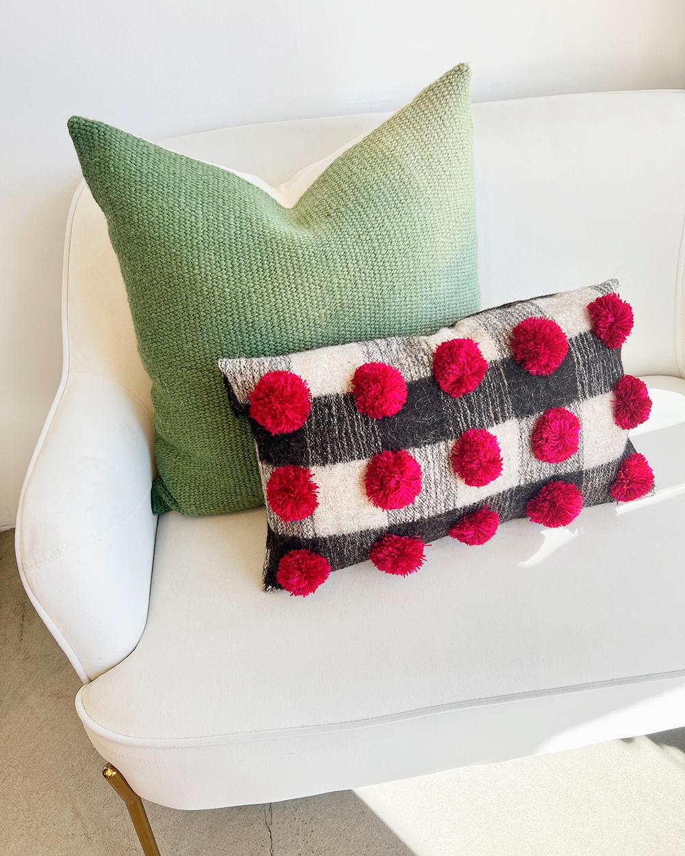 Bohemian Chamula Gray White & Black Checkered Red Pom Pom Throw Pillow Handmade 100% Wool For Sale