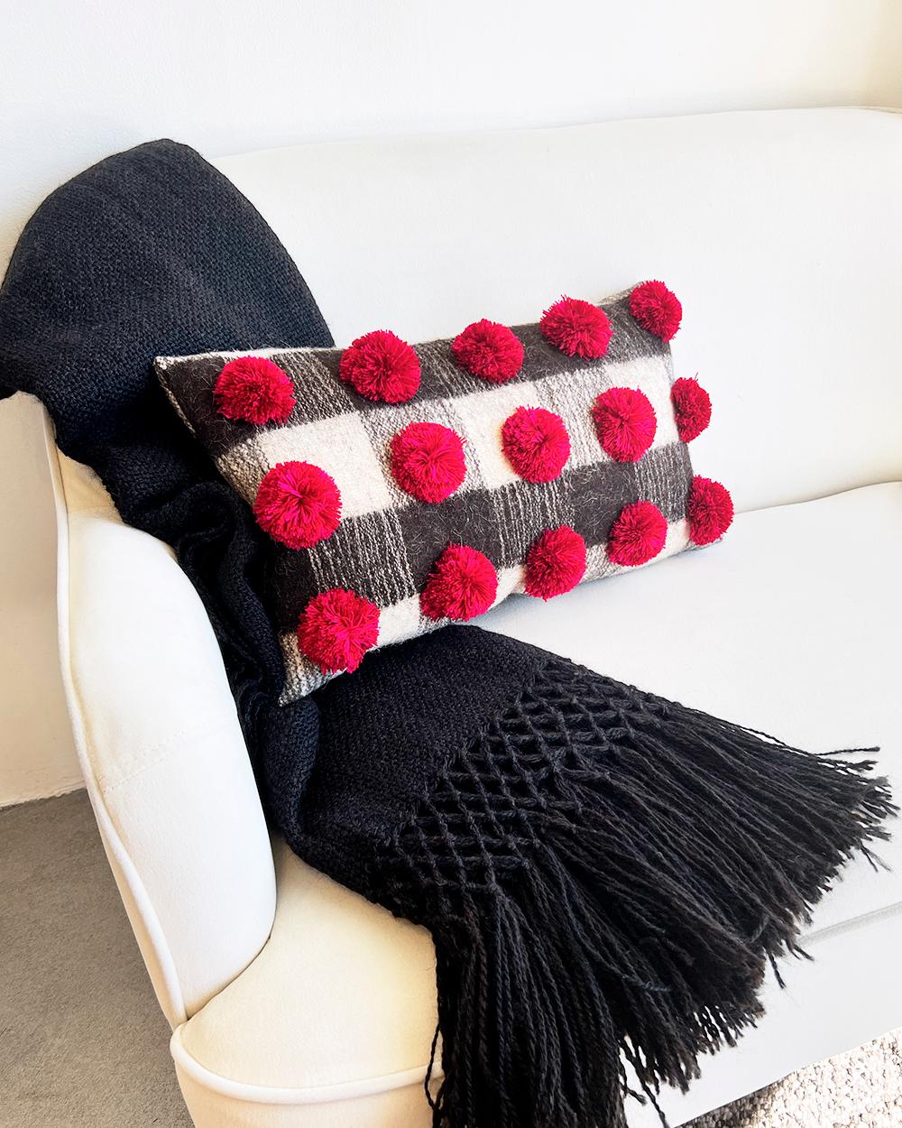 Mexican Chamula Gray White & Black Checkered Red Pom Pom Throw Pillow Handmade 100% Wool For Sale