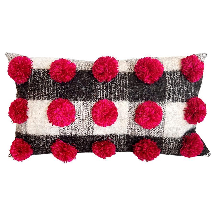 Chamula Gray White & Black Checkered Red Pom Pom Throw Pillow Handmade 100% Wool For Sale