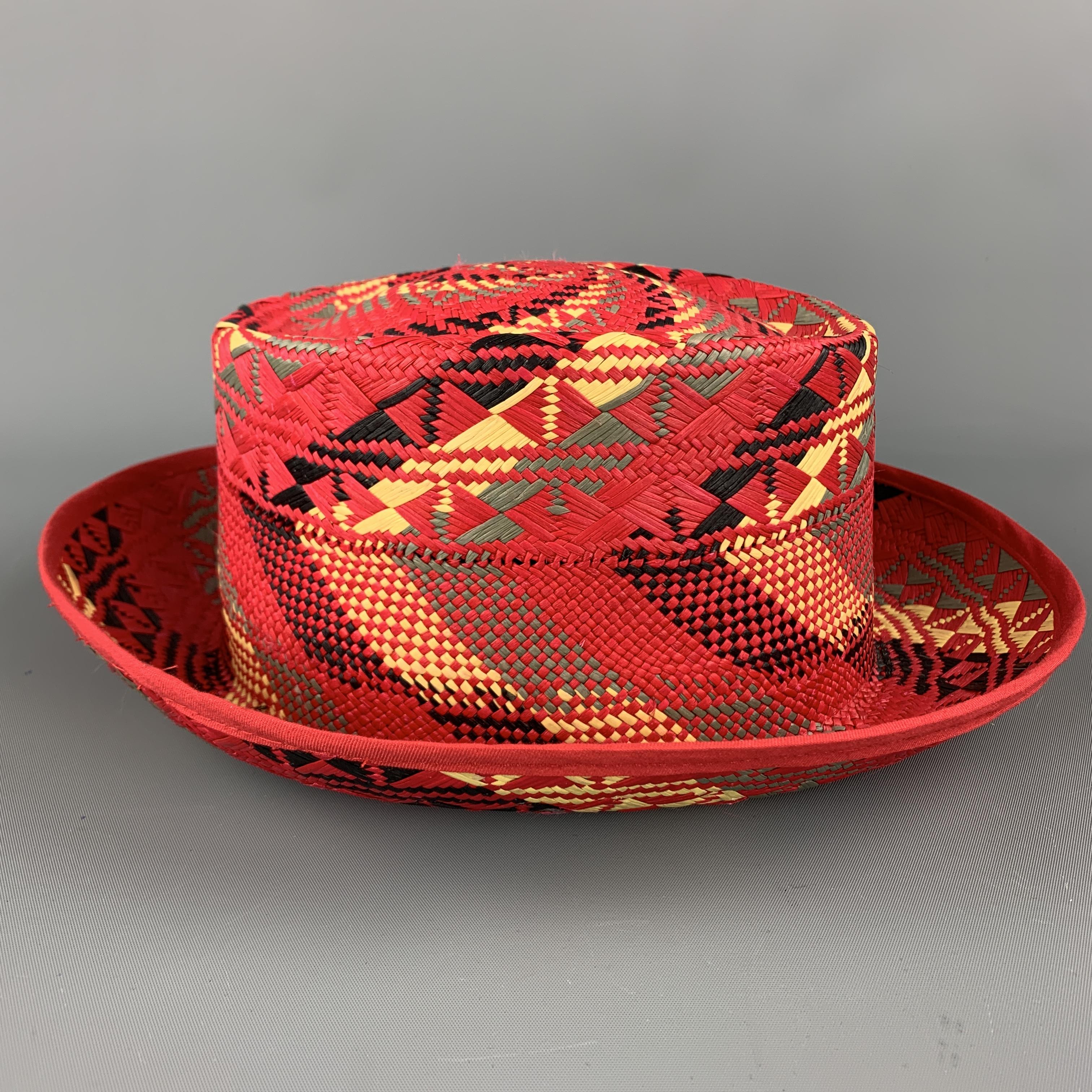 CHAMULA Size 58 Red Black Yellow & Green Pattern Woven Straw Panama Hat In Excellent Condition In San Francisco, CA