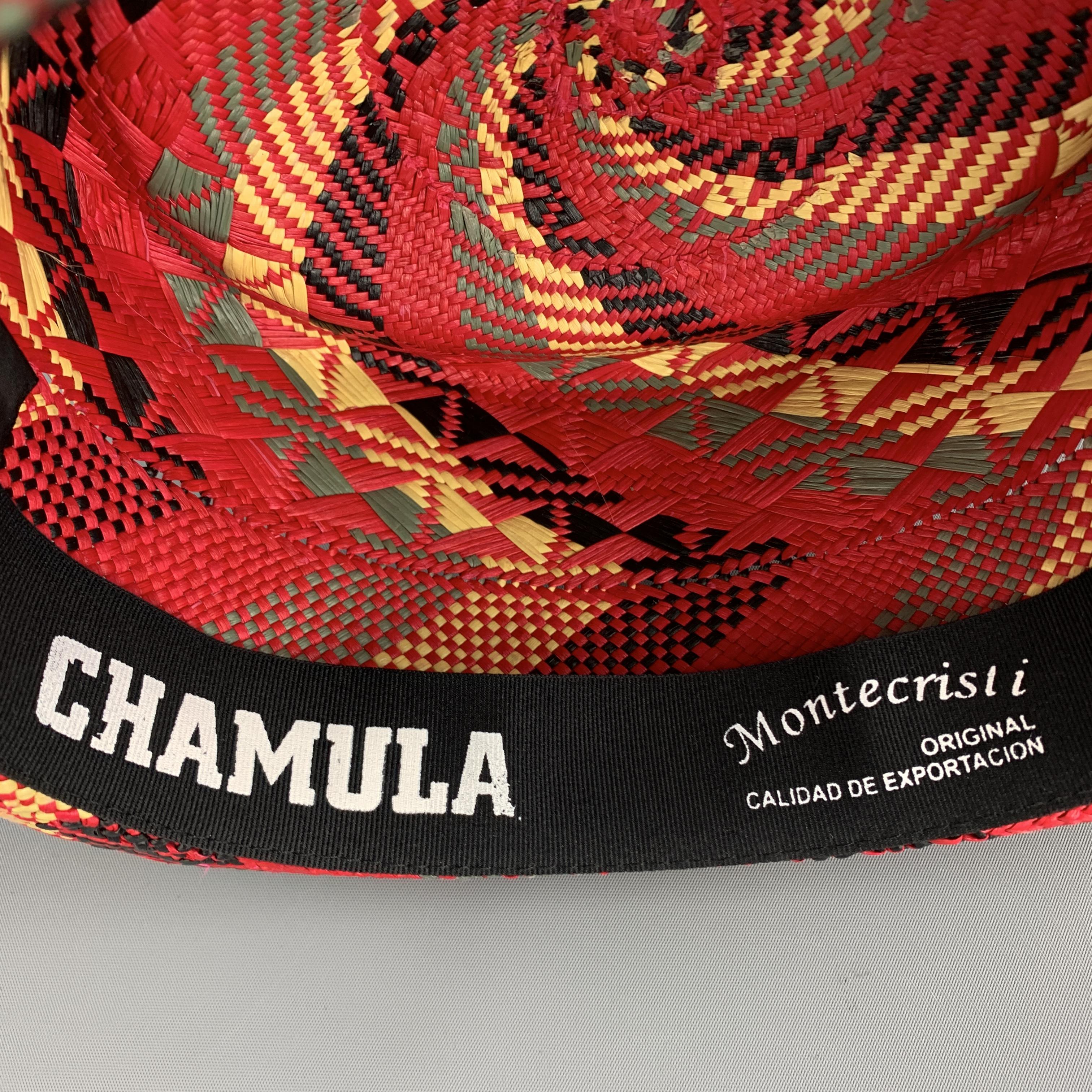 CHAMULA Size 58 Red Black Yellow & Green Pattern Woven Straw Panama Hat 4