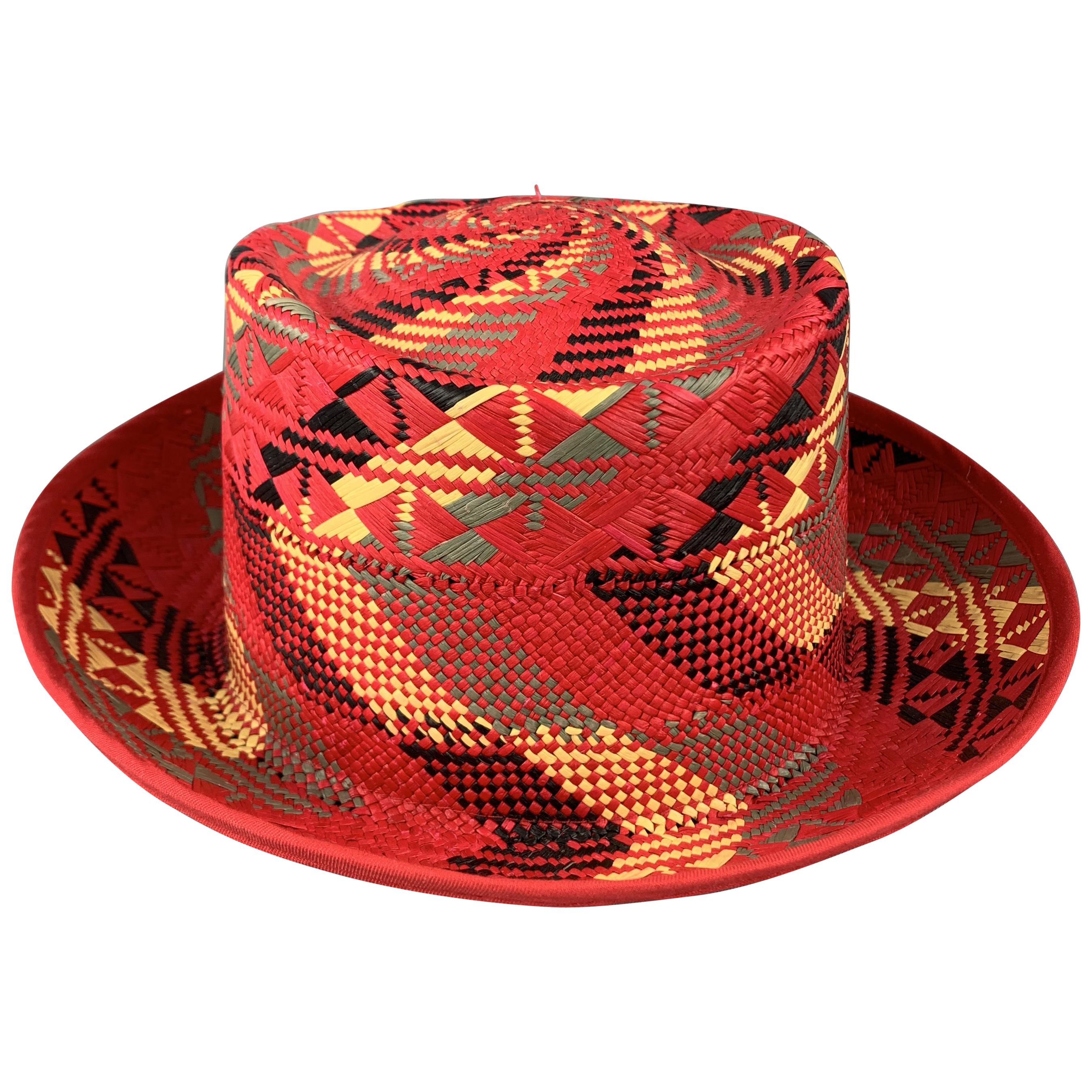 CHAMULA Size 58 Red Black Yellow & Green Pattern Woven Straw Panama Hat