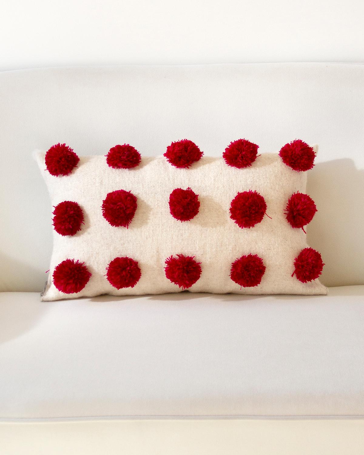 Bohemian Chamula White & Red Pom Pom Throw Pillow Handmade 100% Wool For Sale
