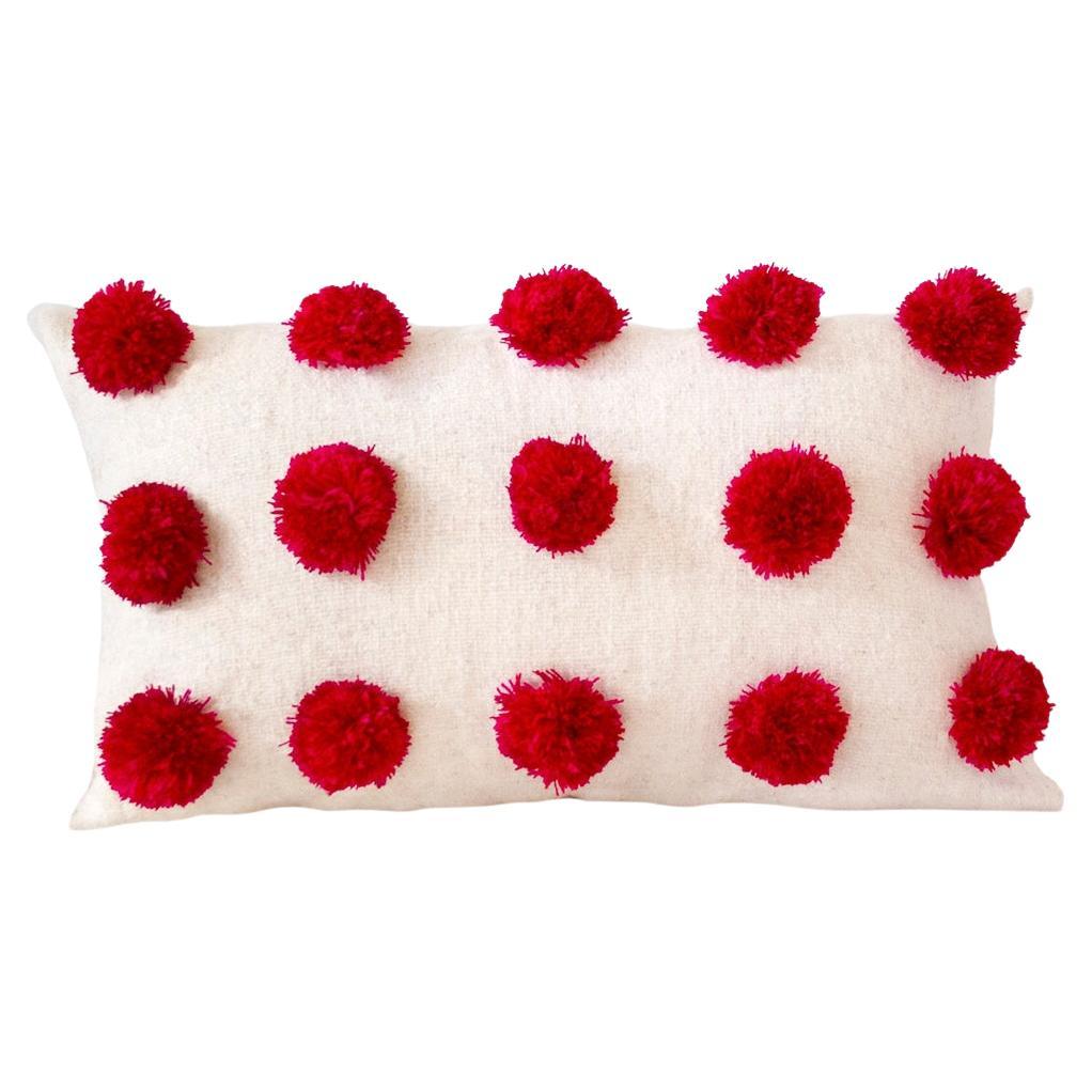 Chamula White & Red Pom Pom Throw Pillow Handmade 100% Wool For Sale