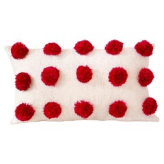 Chamula White & Red Pom Pom Throw Pillow Handmade 100% Wool
