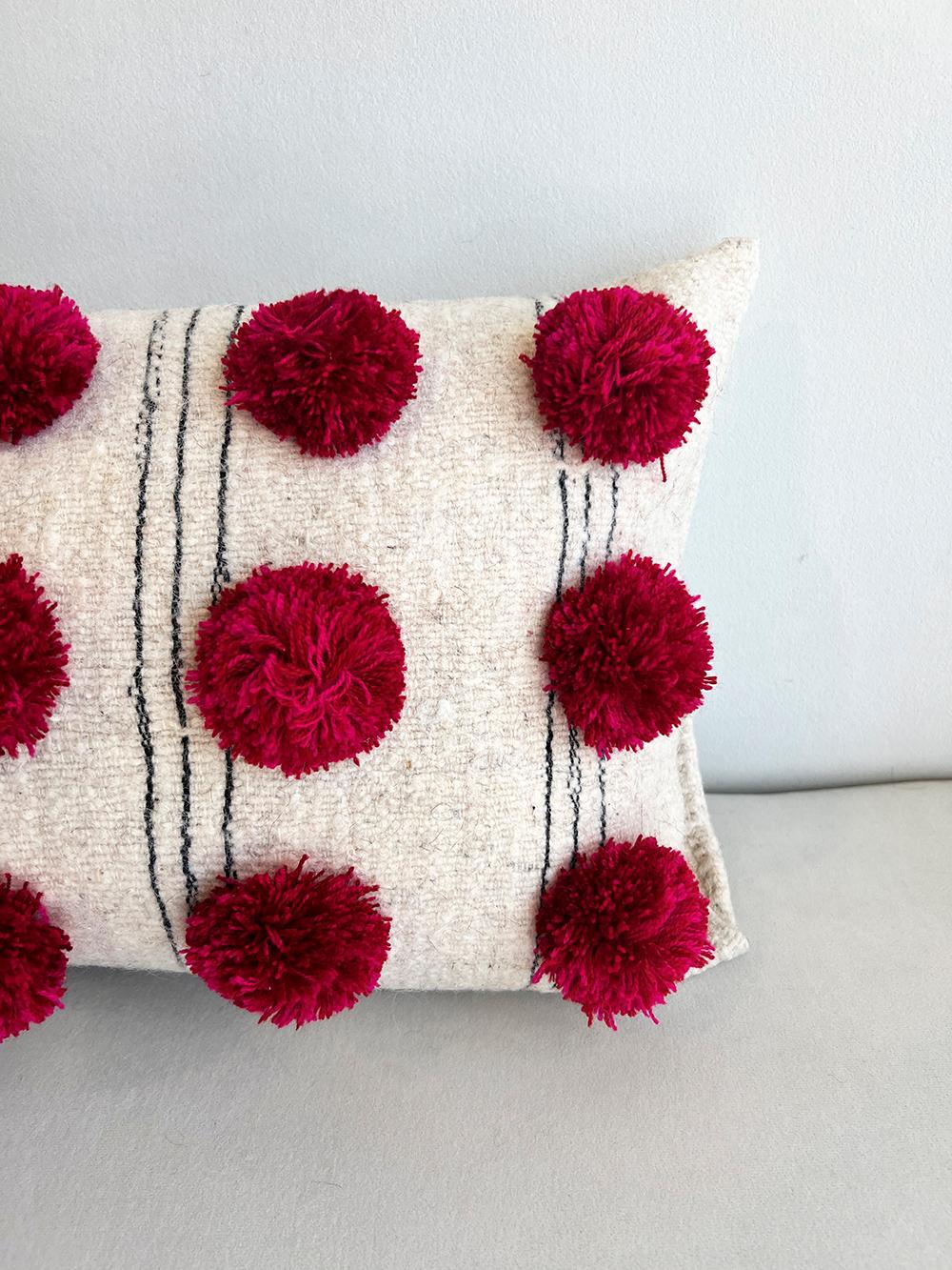 Mexican Chamula White with Gray Stripes Red Pom Pom Throw Pillow Handmade from 100% Wool For Sale