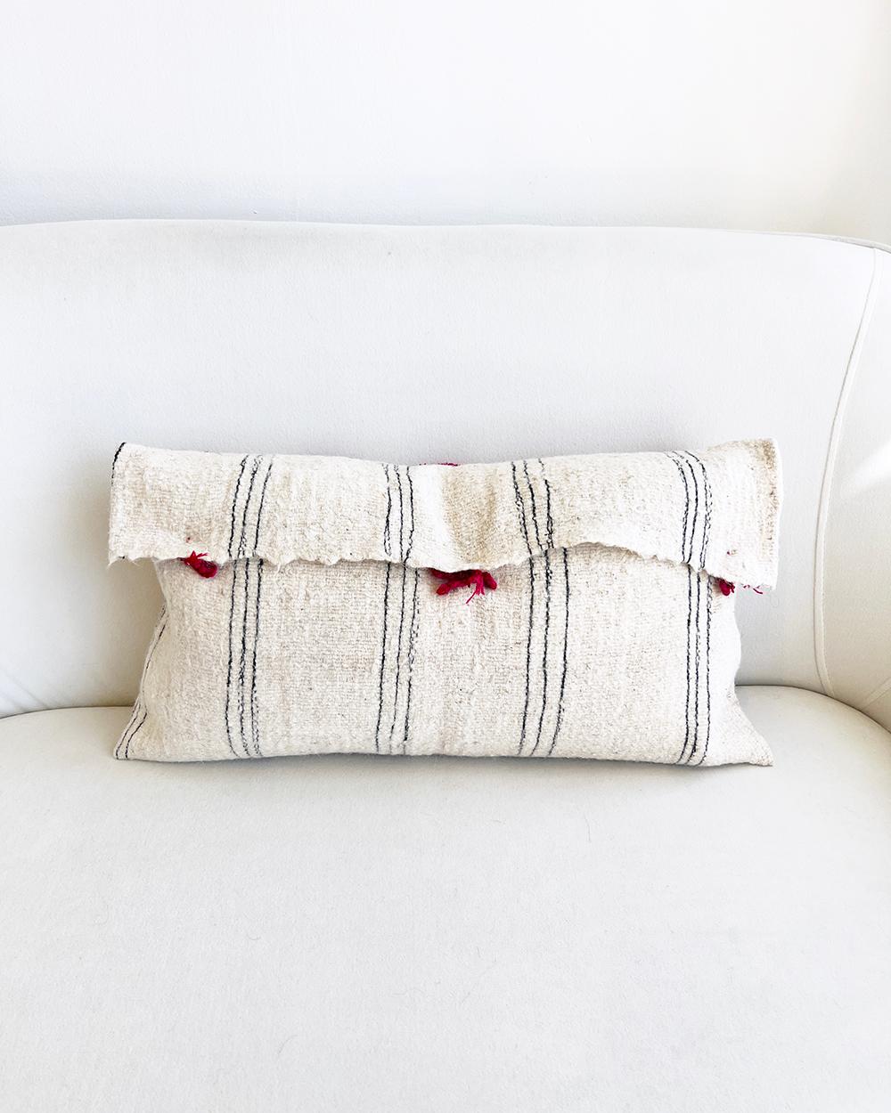 Hand-Woven Chamula White with Gray Stripes Red Pom Pom Throw Pillow Handmade from 100% Wool For Sale