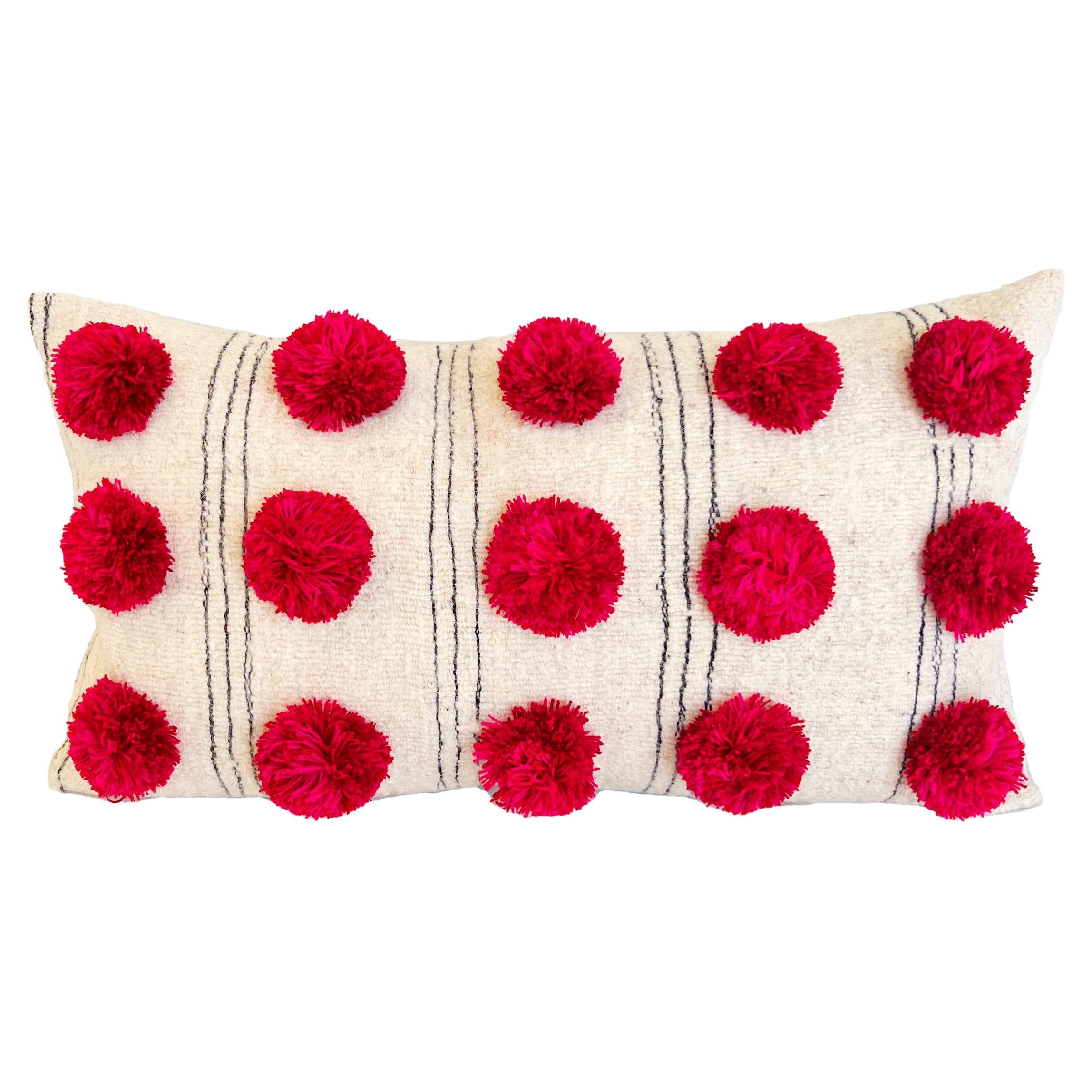 Chamula White with Gray Stripes Red Pom Pom Throw Pillow Handmade from 100% Wool For Sale