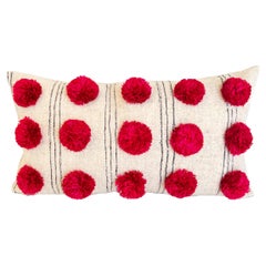 Chamula White with Gray Stripes Red Pom Pom Throw Pillow Handmade from 100% Wool