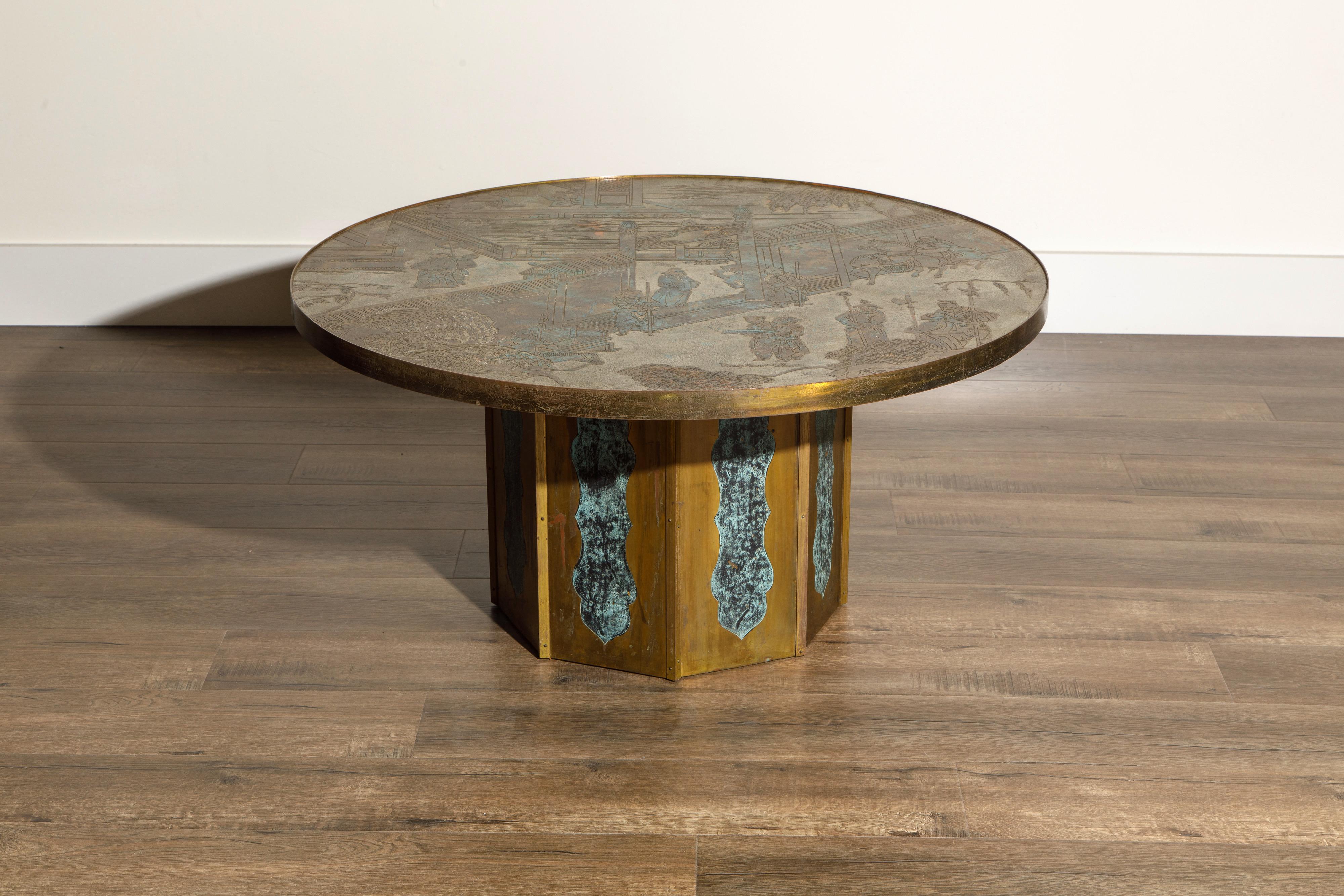 This classic and highly sought-after collectors item is a 'Chan' cocktail table by father and son team, Philip and Kelvin LaVerne, handmade in the 1960s. Ingeniously designed with acid etching and patinated polychrome bronze and pewter, this