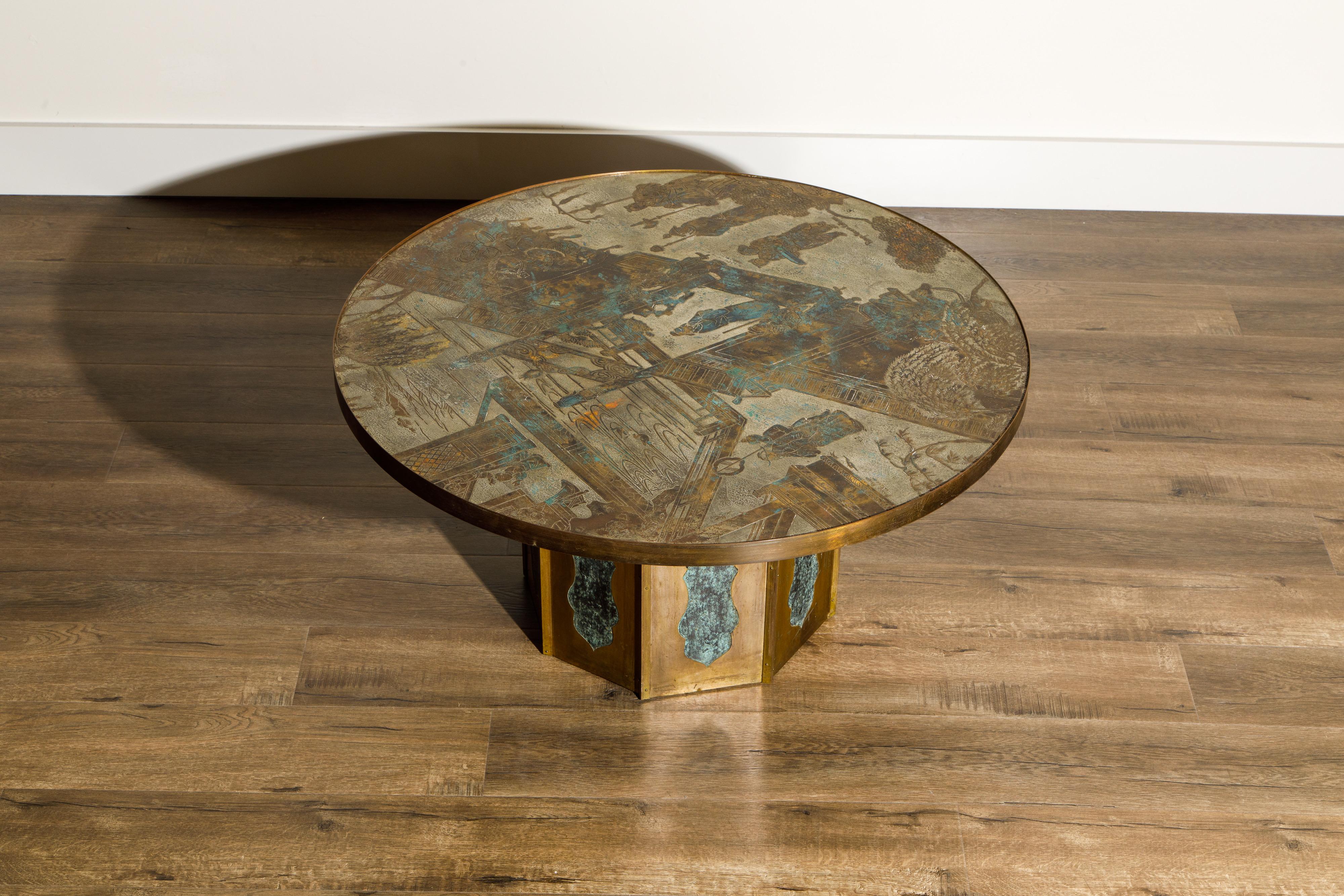 Etched 'Chan' Bronze Cocktail Table by Philip & Kelvin LaVerne, 1960s, Double Signed