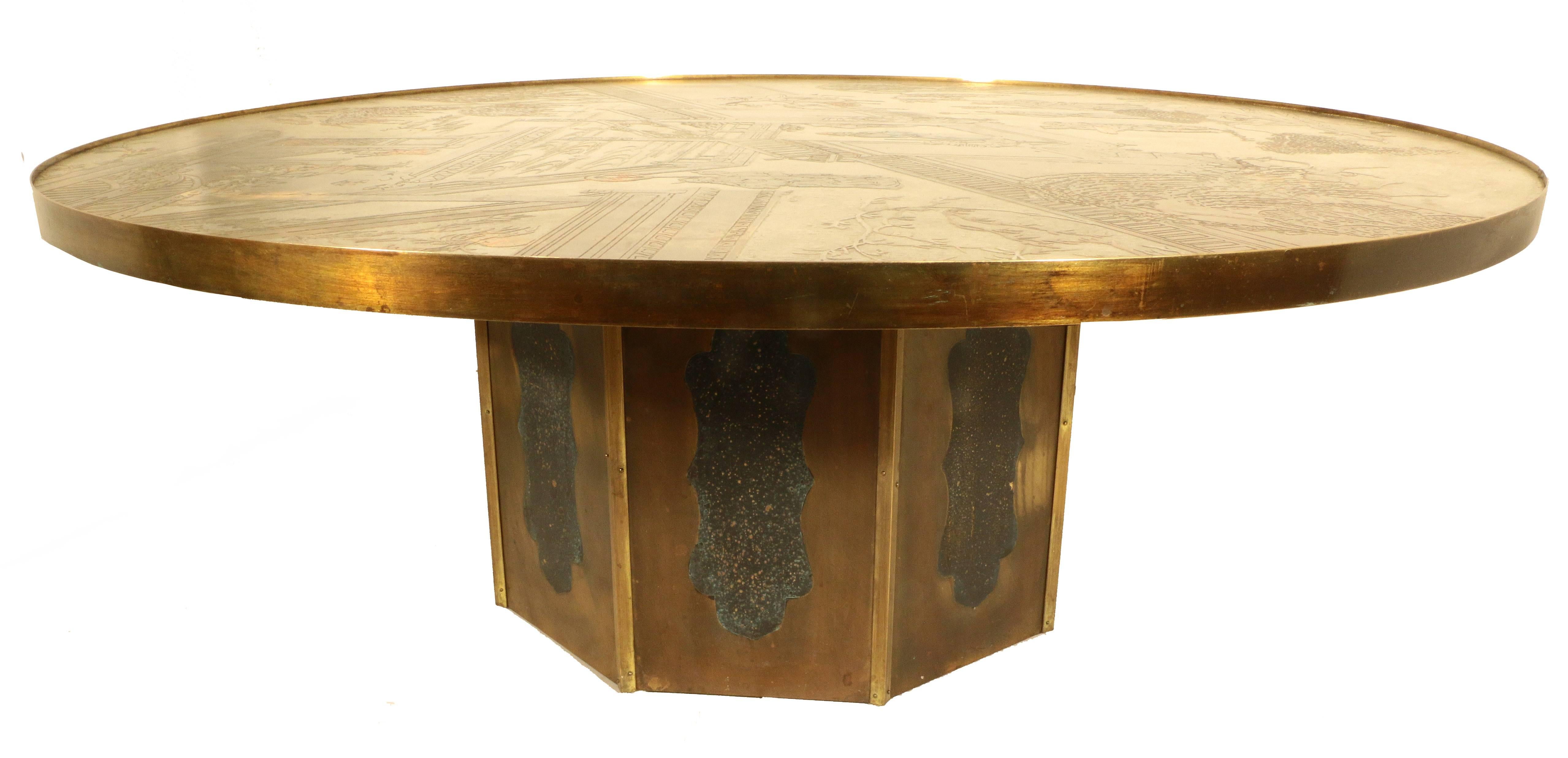 This Mid-Century modern table is ingeniously acid etched, polished, patinated and painted. Made by important American craftsmen, the Chinoiserie scene depicts figures and horses in a walled compound set amidst arbors of wisteria and willow. The