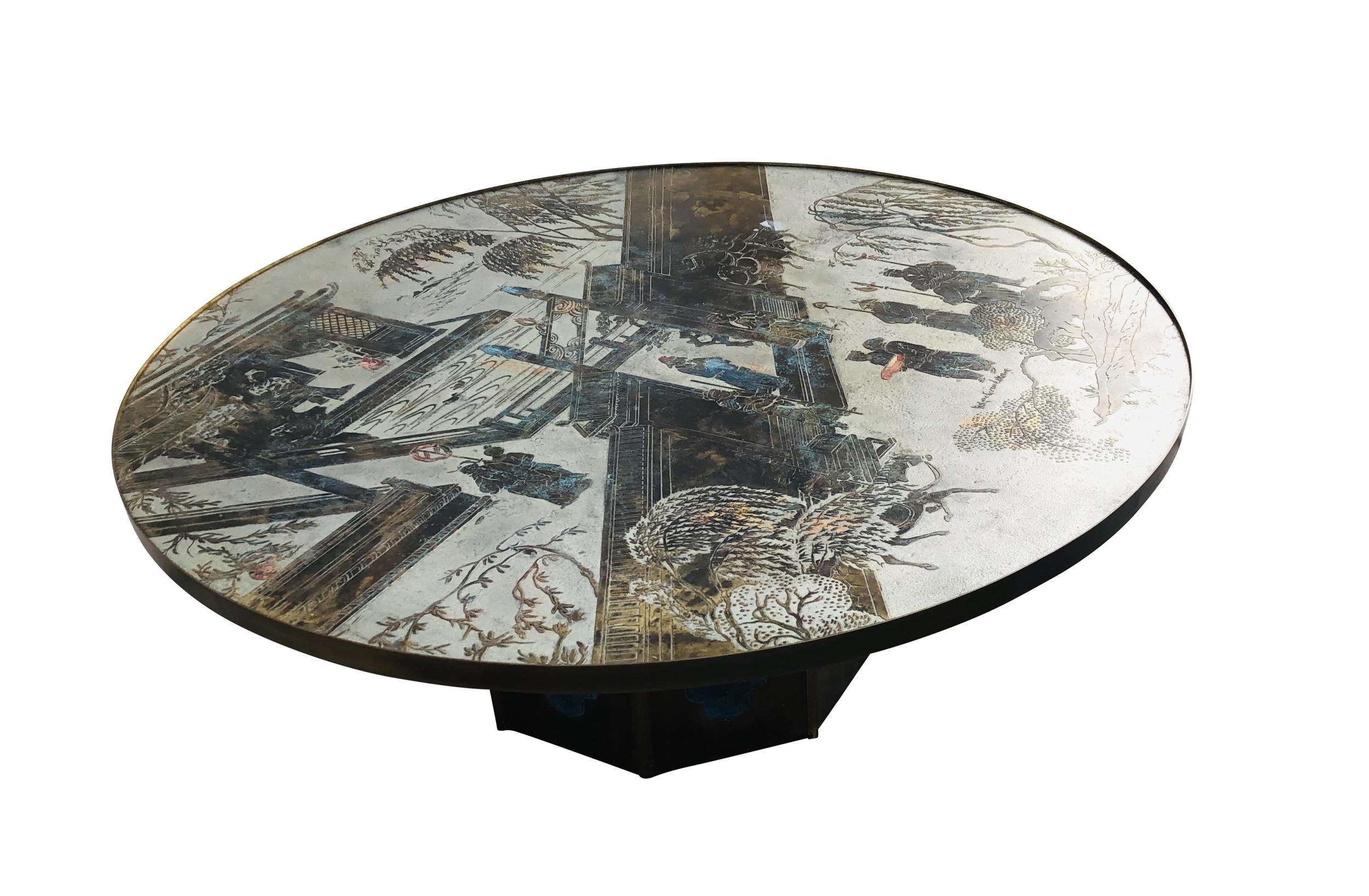 Chan coffee table by Philip and Kelvin LaVerne. Beautiful polychrome design over bronze with blue or green finish inset base.