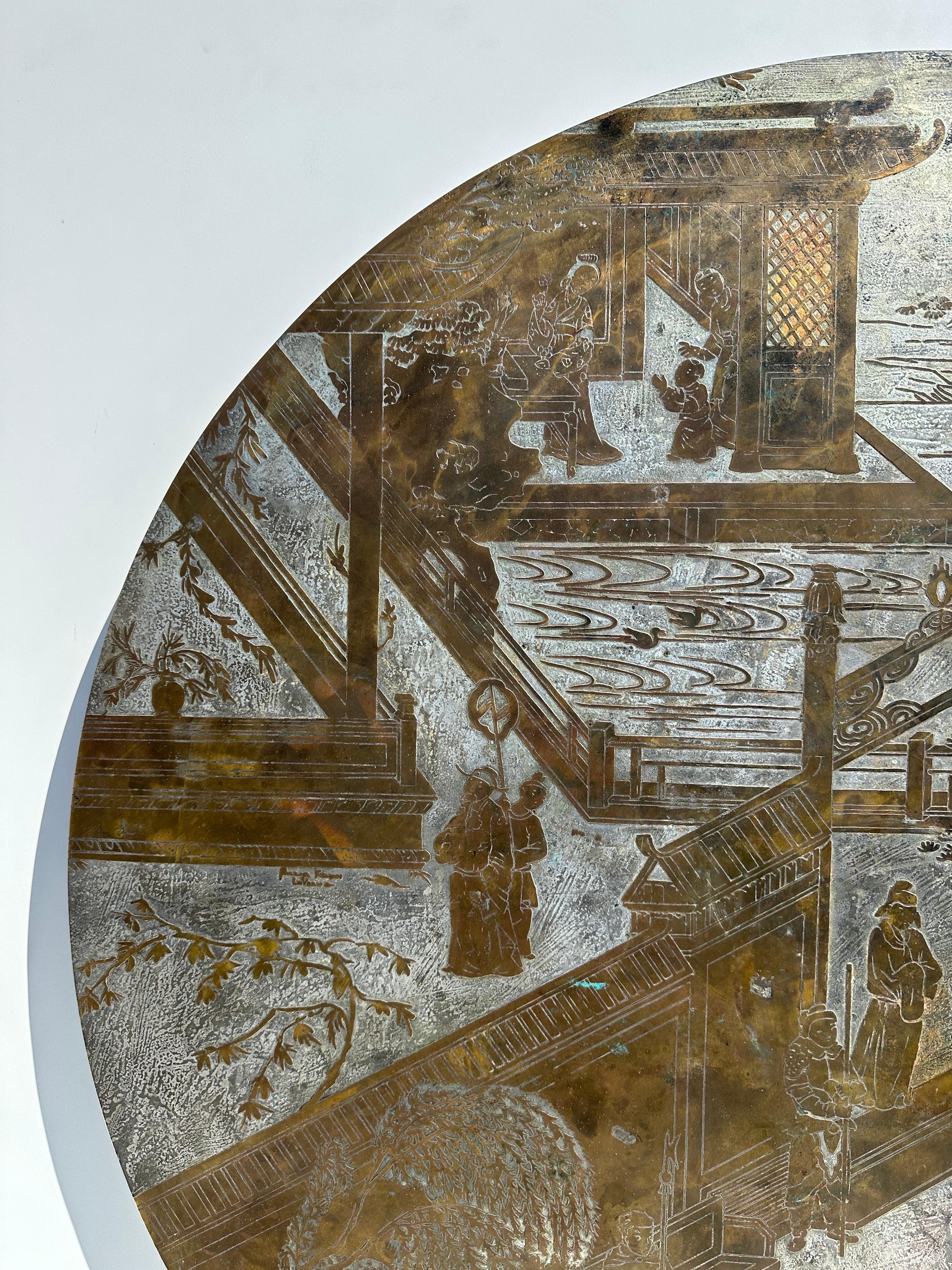 “Chan” chinoiserie motif acid etched bronze and pewter coffee table by father and son duo Philip and Kelvin LaVerne.