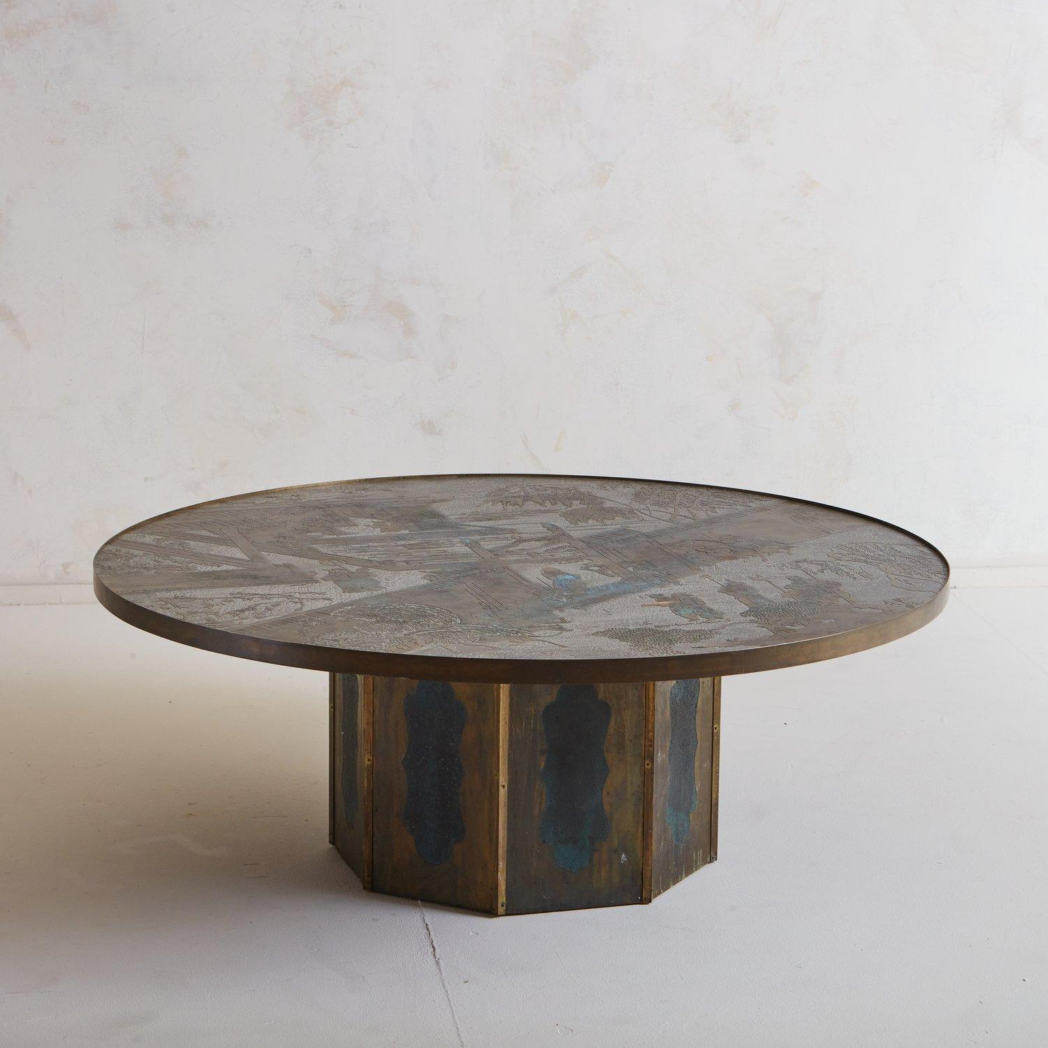 A ‘Chan’ coffee table designed by Philip and Kelvin Laverne in the 1960s. This table was constructed with polychromed pewter and bronze with a stunning patina. It features a circular tabletop with intricate etchings displaying a Chinese landscape