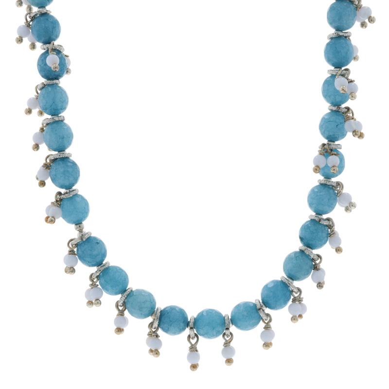 Brand: Chan Luu

Metal Content: Sterling Silver

Stone Information

Natural Quartzite
Cut: Faceted beads
Color: Blue

Natural Agate
Cut: Beads
Color: Light Blue

Necklace Style: Beaded
Fastening Type: Hook Clasp

Measurements

Chain Width: 5/16
