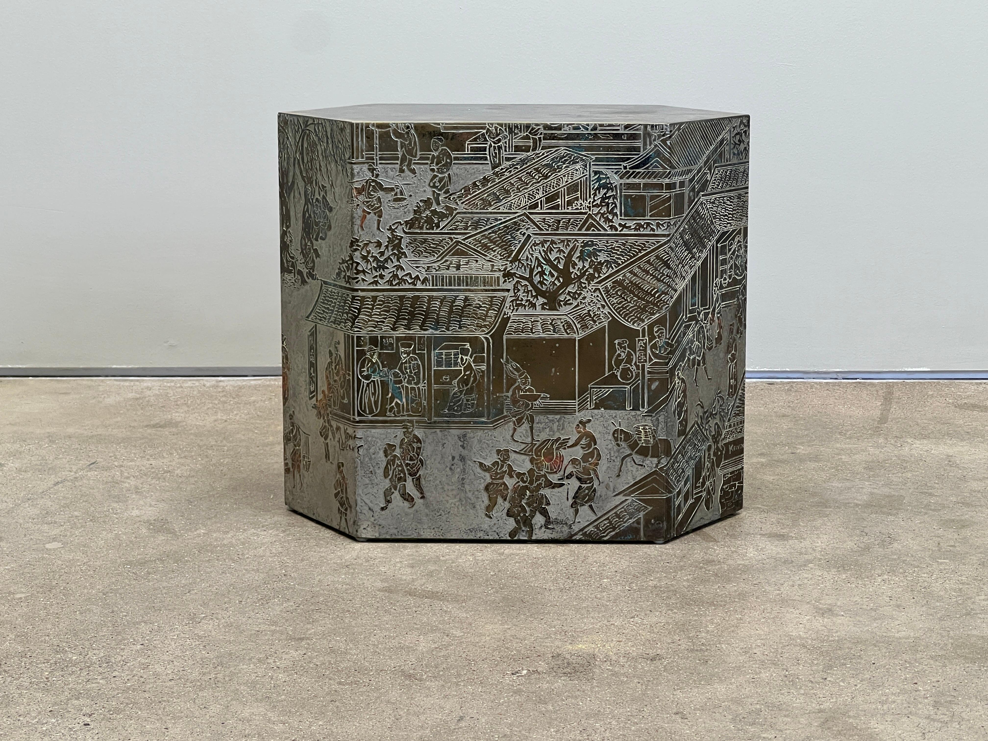 A rare hexagonal 'Chan' side table designed by Philip and Kelvin LaVerne.
