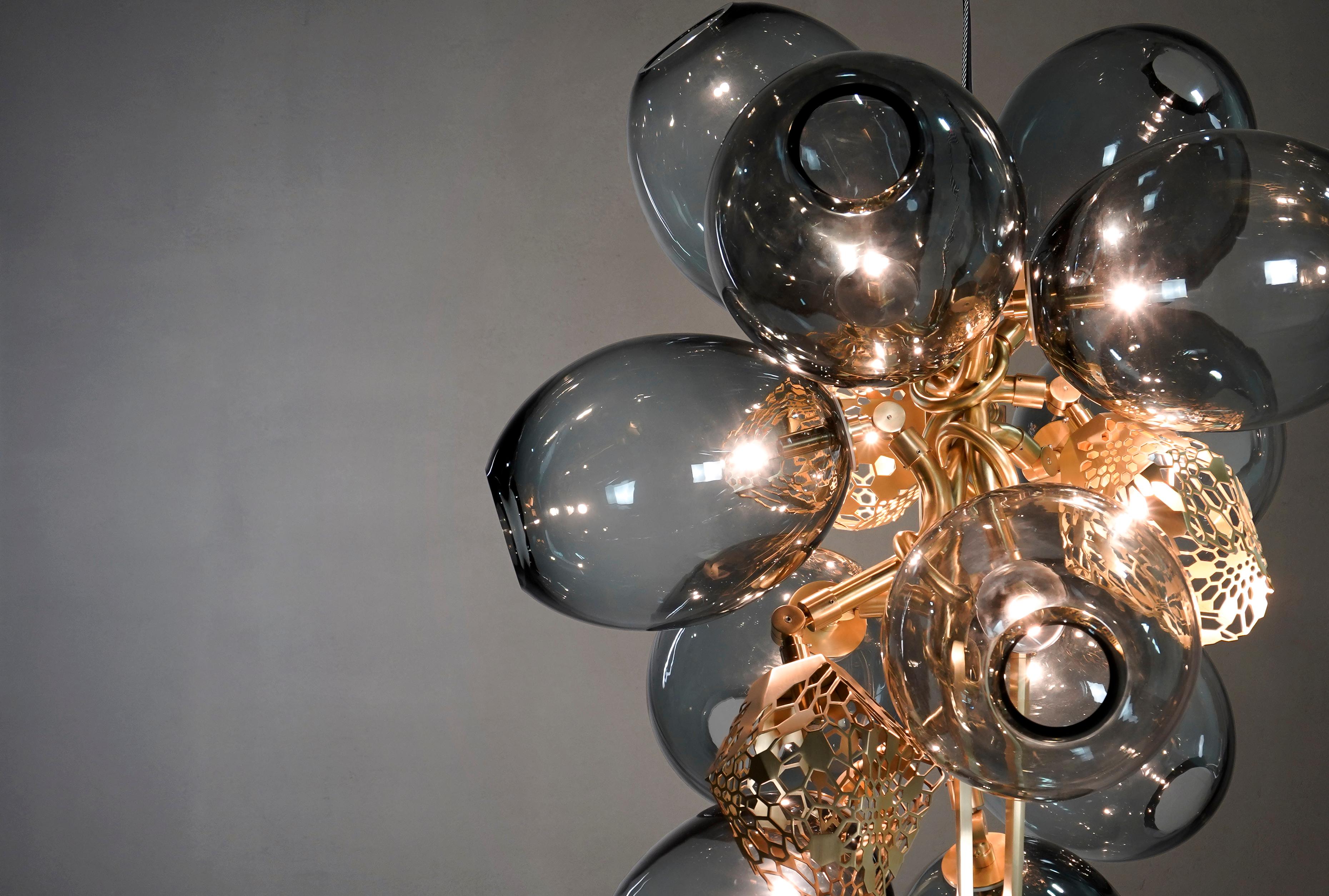 Modern Chanceux Chandelier 'Vertical':  Murano Glass and Bronze or Stainless Steel For Sale